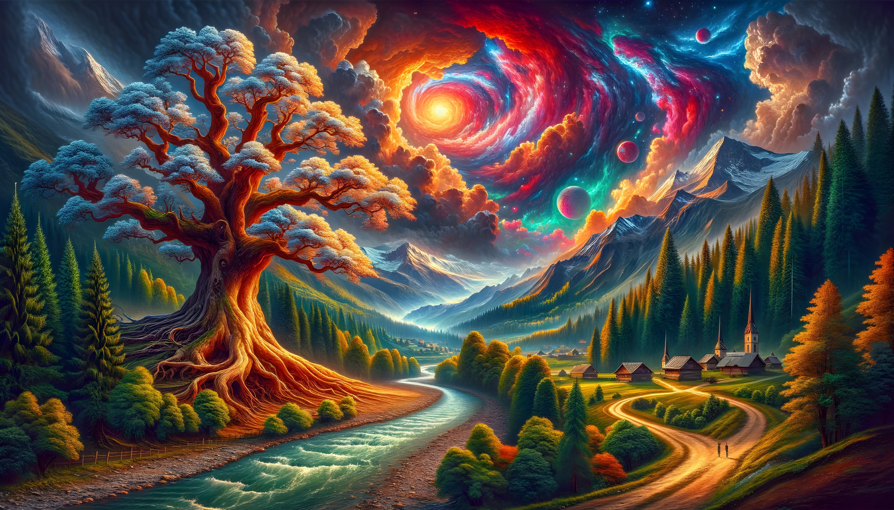 Surreal landscape with galaxy, tree, river, mountains & village