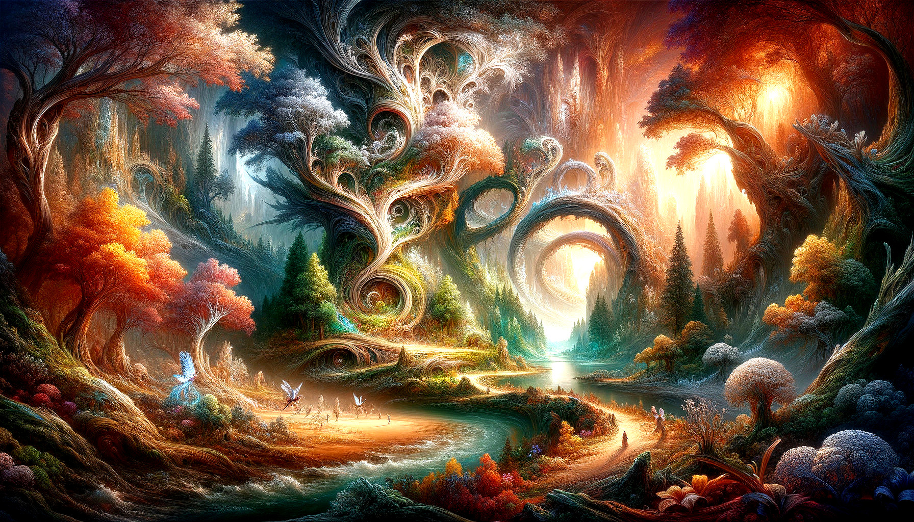Colorful Fantastical Landscape with Spiraling Trees and Glowing River