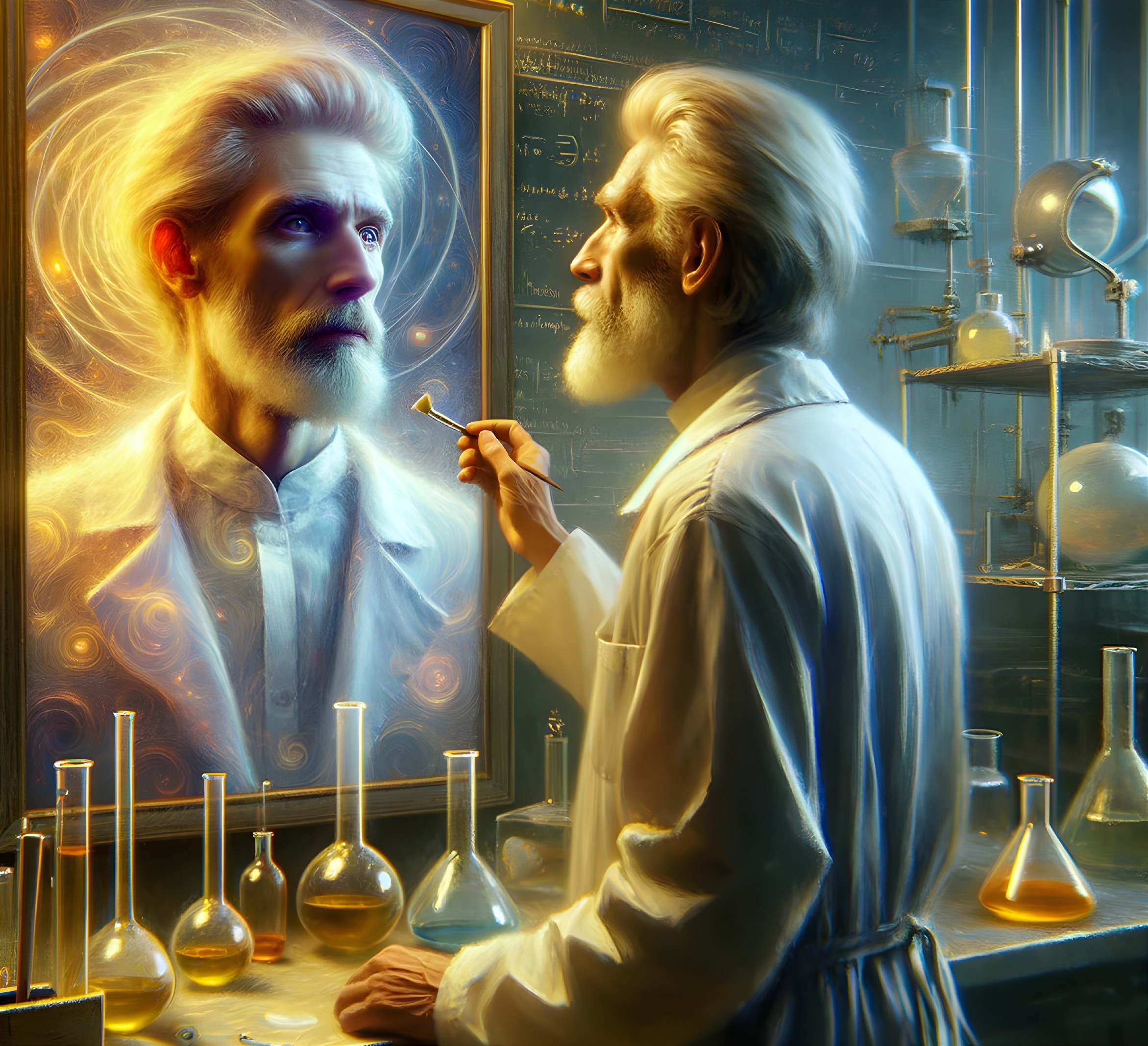 Scientist Reflecting in a Mystical Laboratory Setting