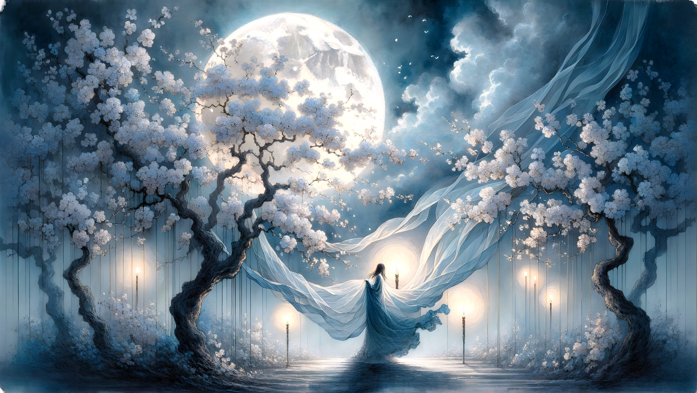 Twilight Scene with Cherry Blossoms and Moonlight