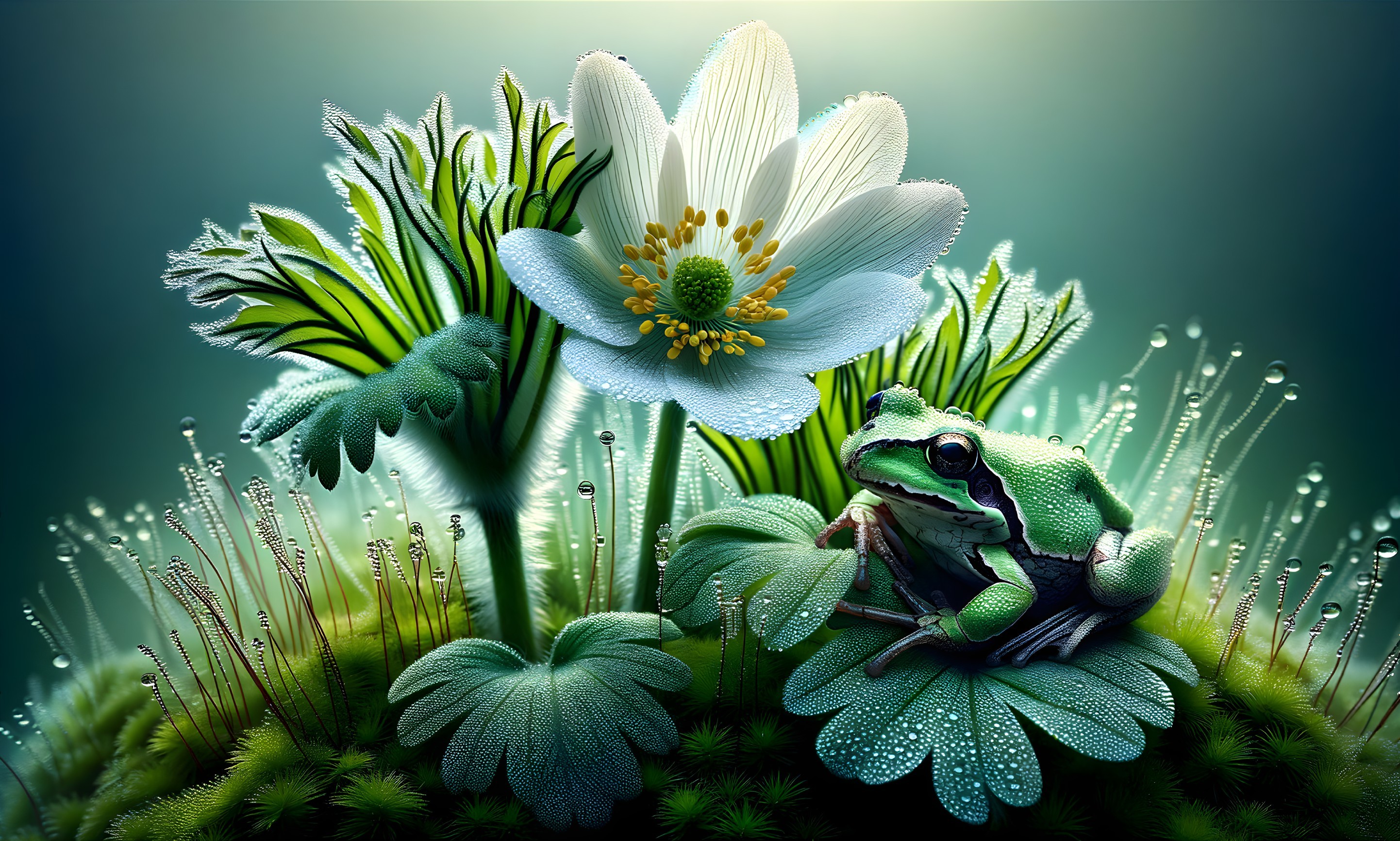 Vibrant Green Frog on Moss with Delicate Flowers