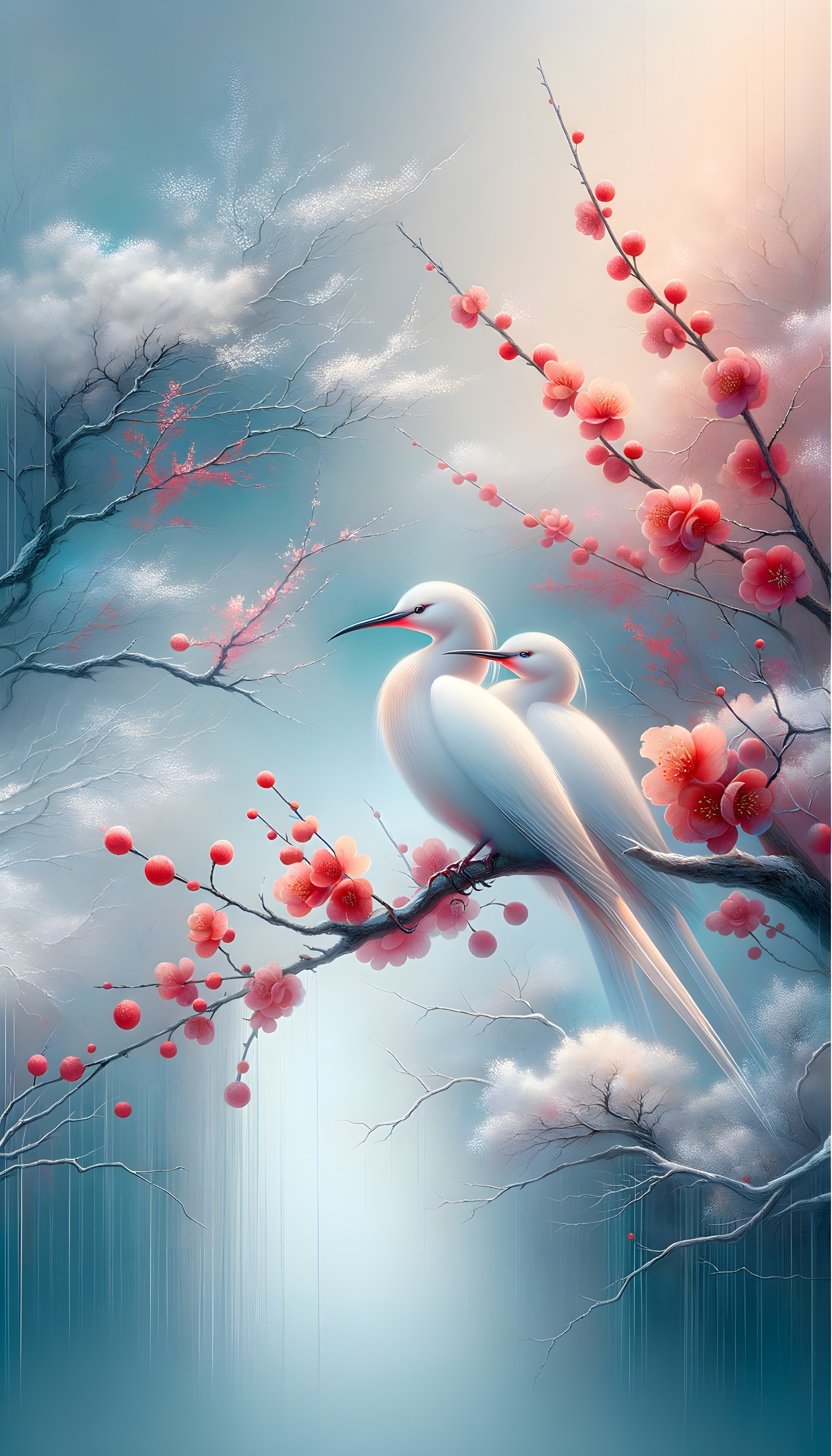 White Birds on Cherry Blossom Branch with Pink Flowers