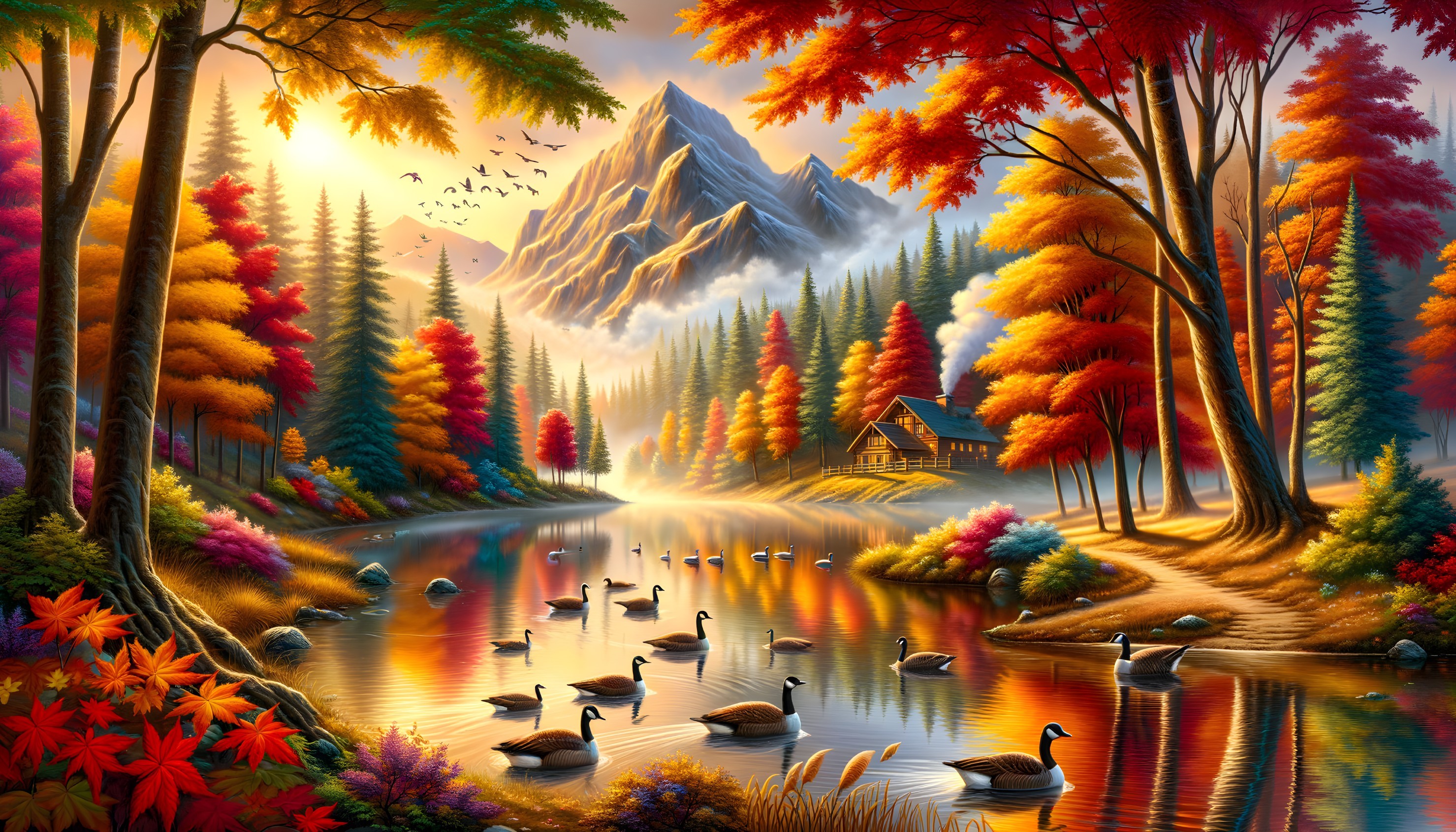 Autumn Landscape with Lake, Trees, and Mountains
