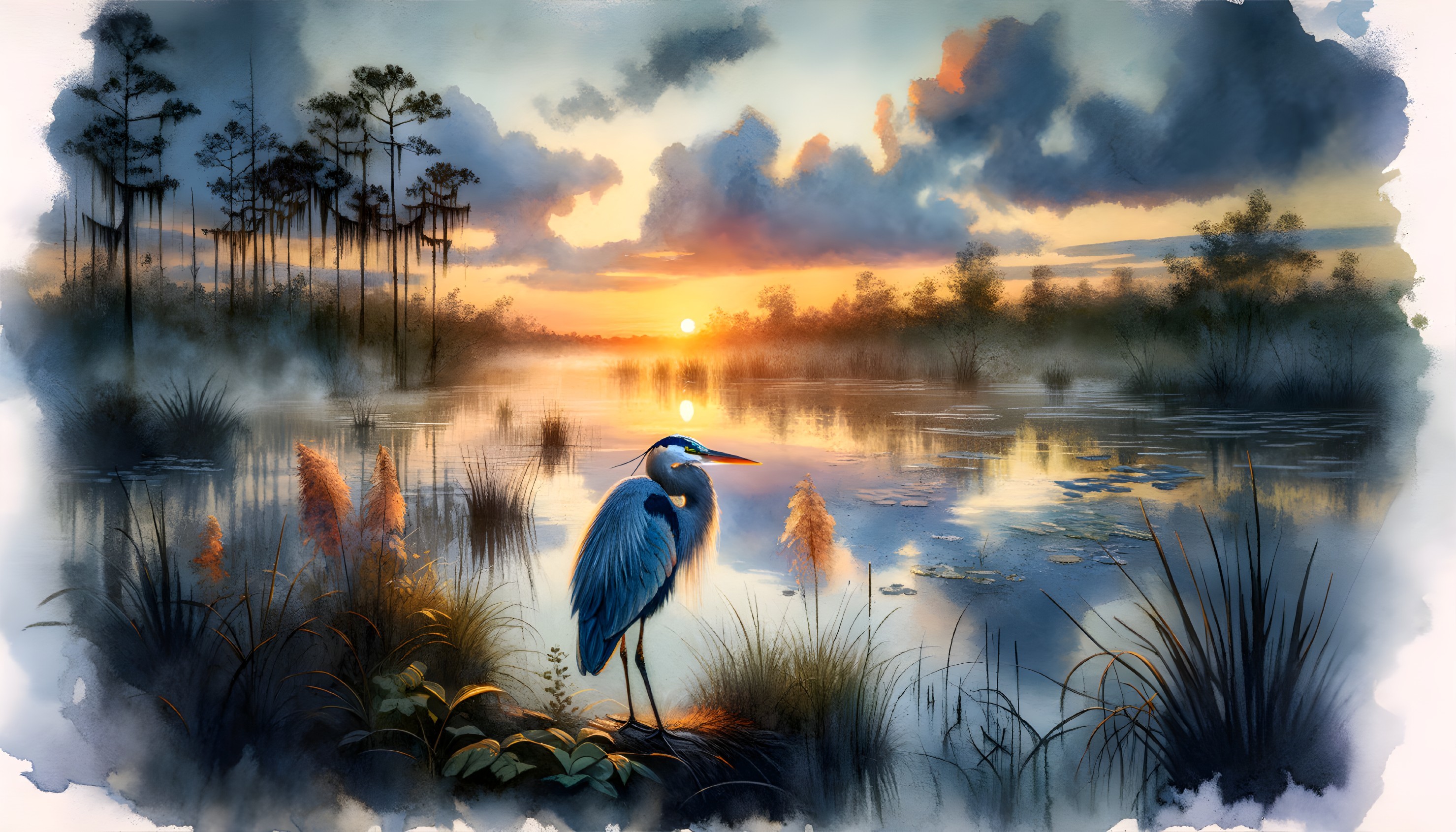 Tranquil digital painting: Great blue heron at sunset