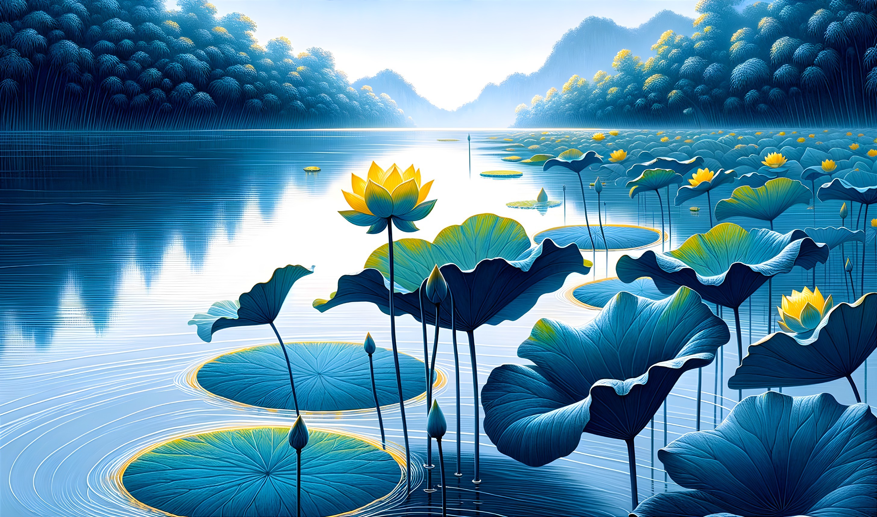 Tranquil Lake Surrounded by Lush Mountains and Lotus Flowers