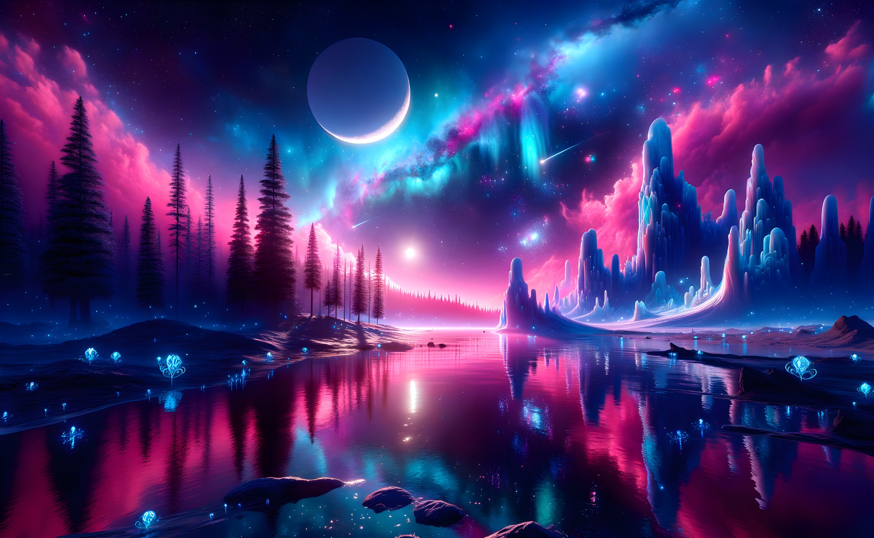 Vibrant Cosmic Landscape with Crystals and Nebula