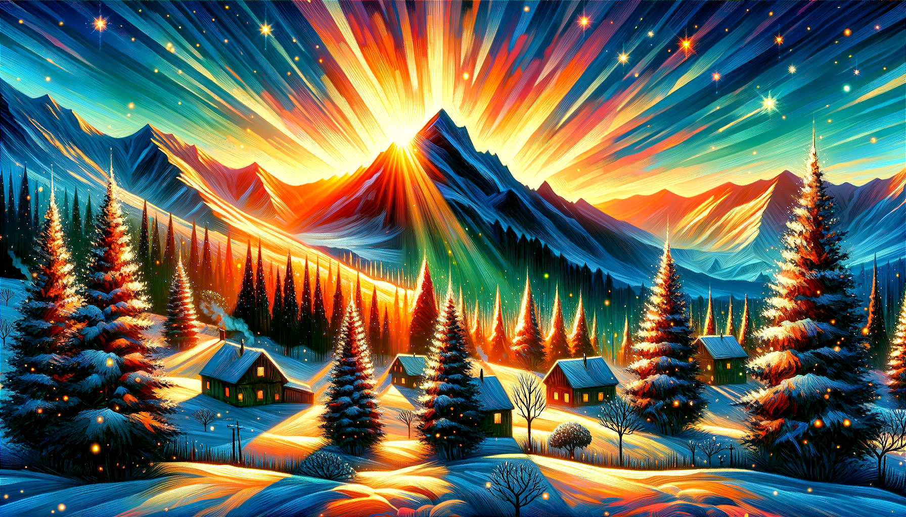 Digital artwork: Snowy landscape with cabins, pine trees, mountains, and colorful sky