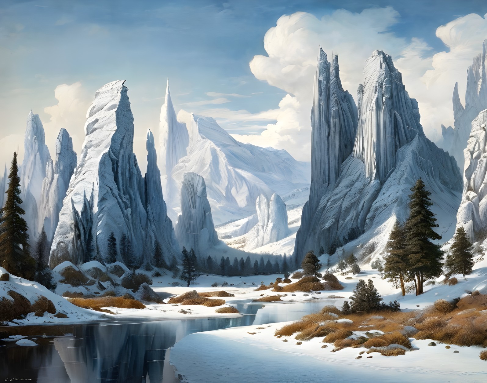 Snowy Mountain Landscape with Frozen River & Coniferous Trees