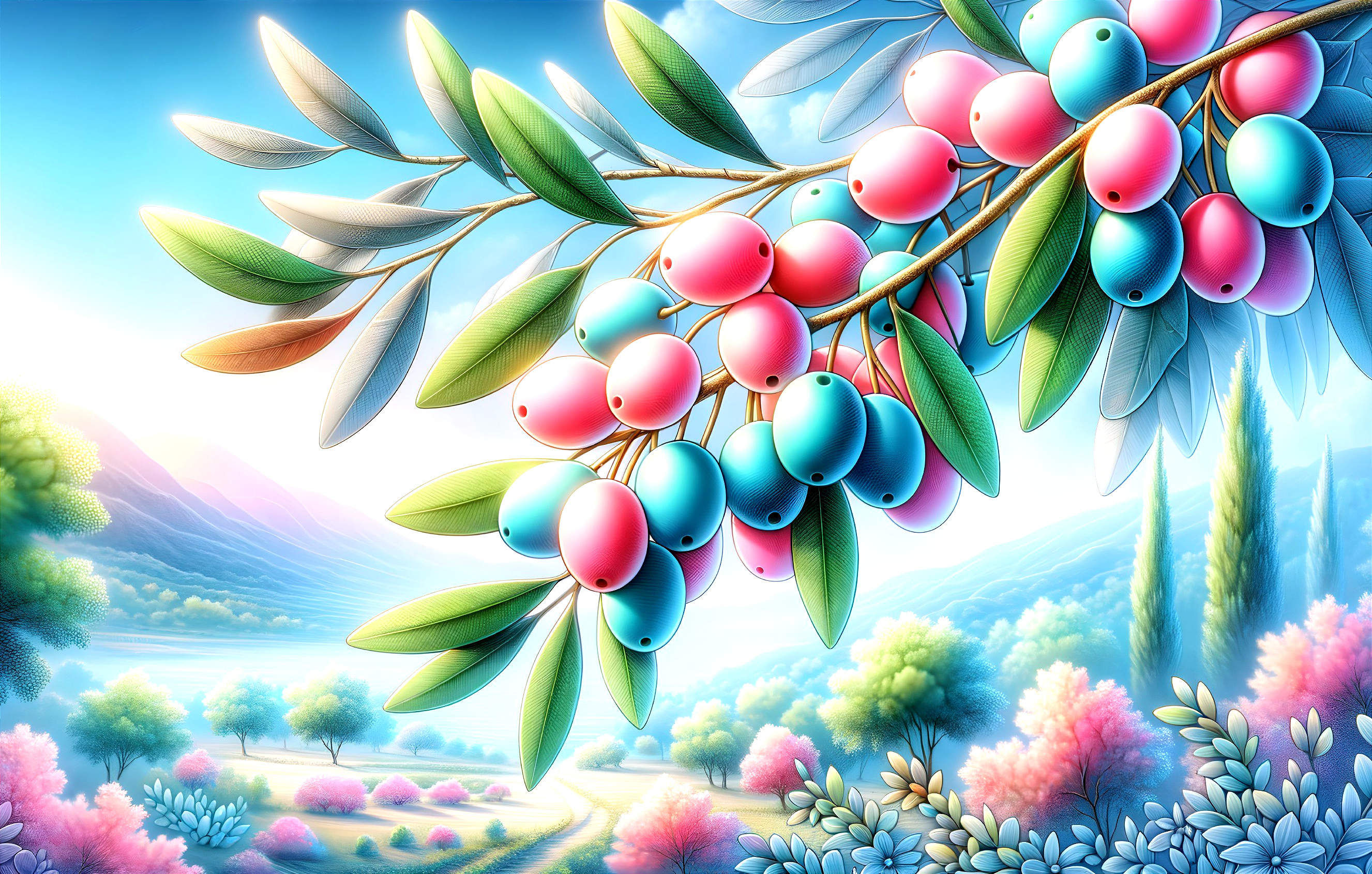 Vibrant Landscape with Pink and Blue Berries