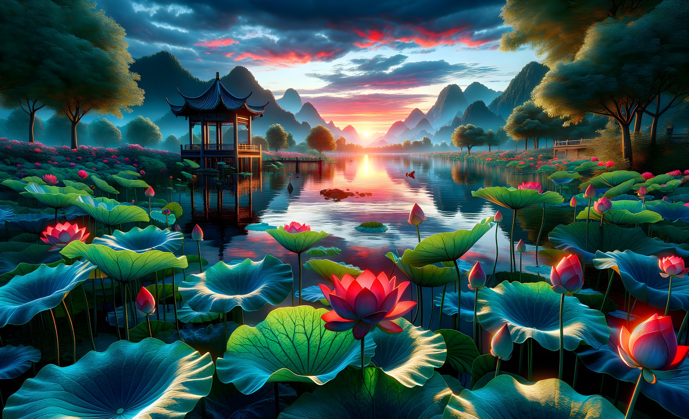 Serene Lake with Lotus Flowers and Pagoda at Sunset