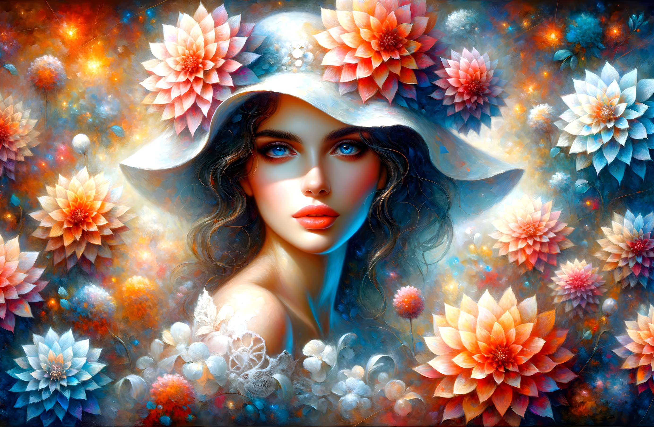 Portrait of a Woman with Blue Eyes and Flowers