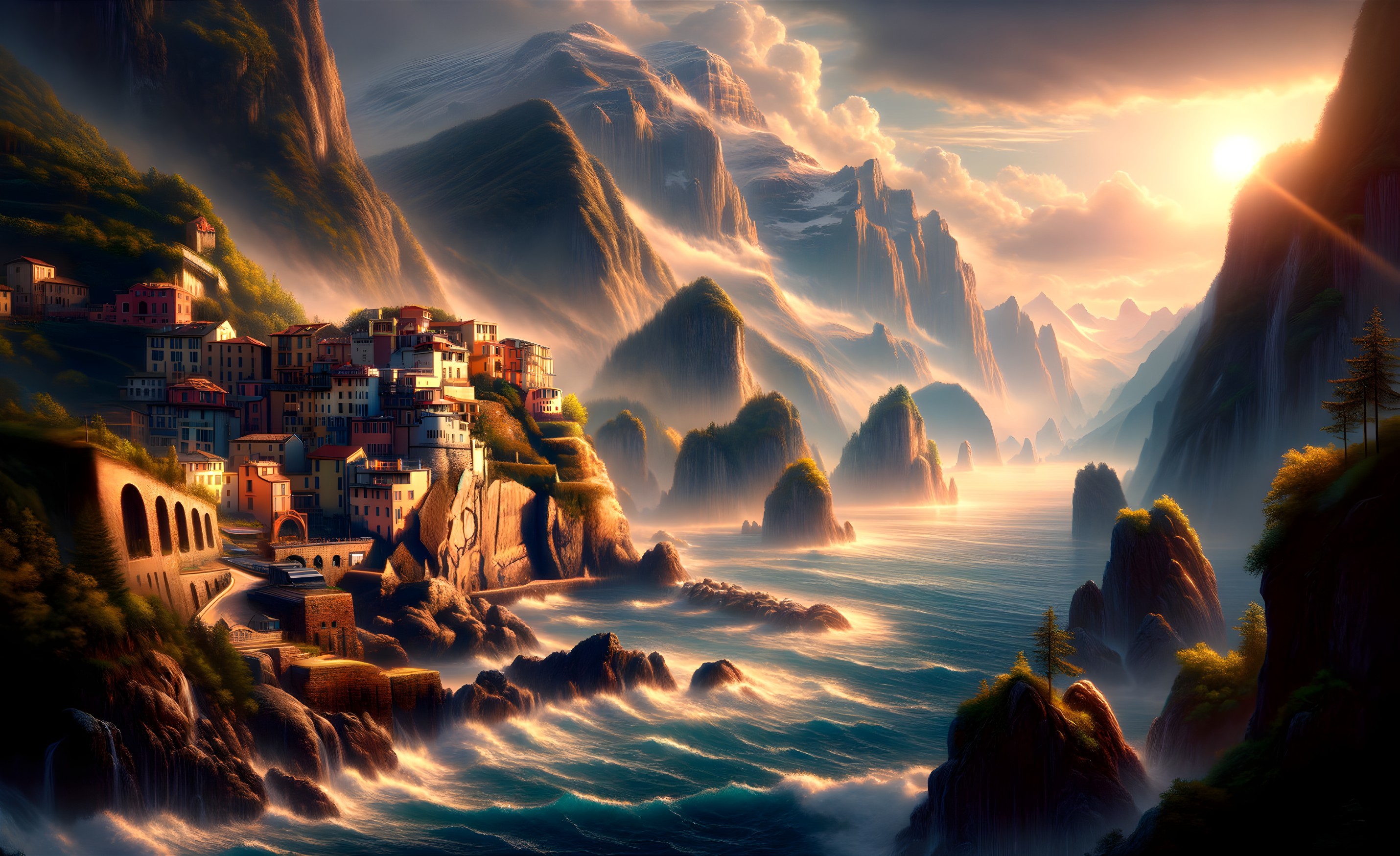 Coastal Village Surrounded by Mountains and Water