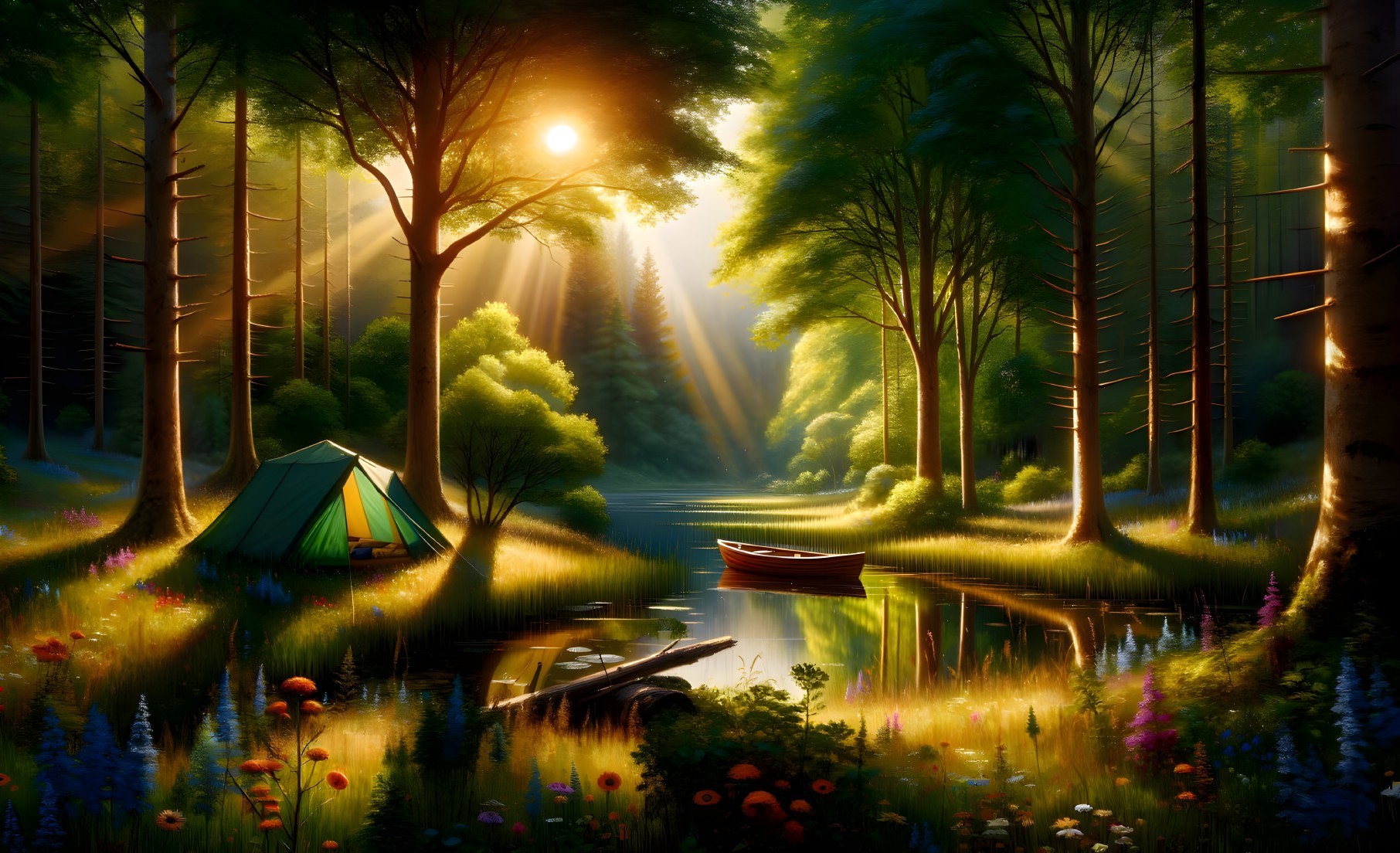 Serene Forest Scene with Lake and Cozy Tent at Dawn