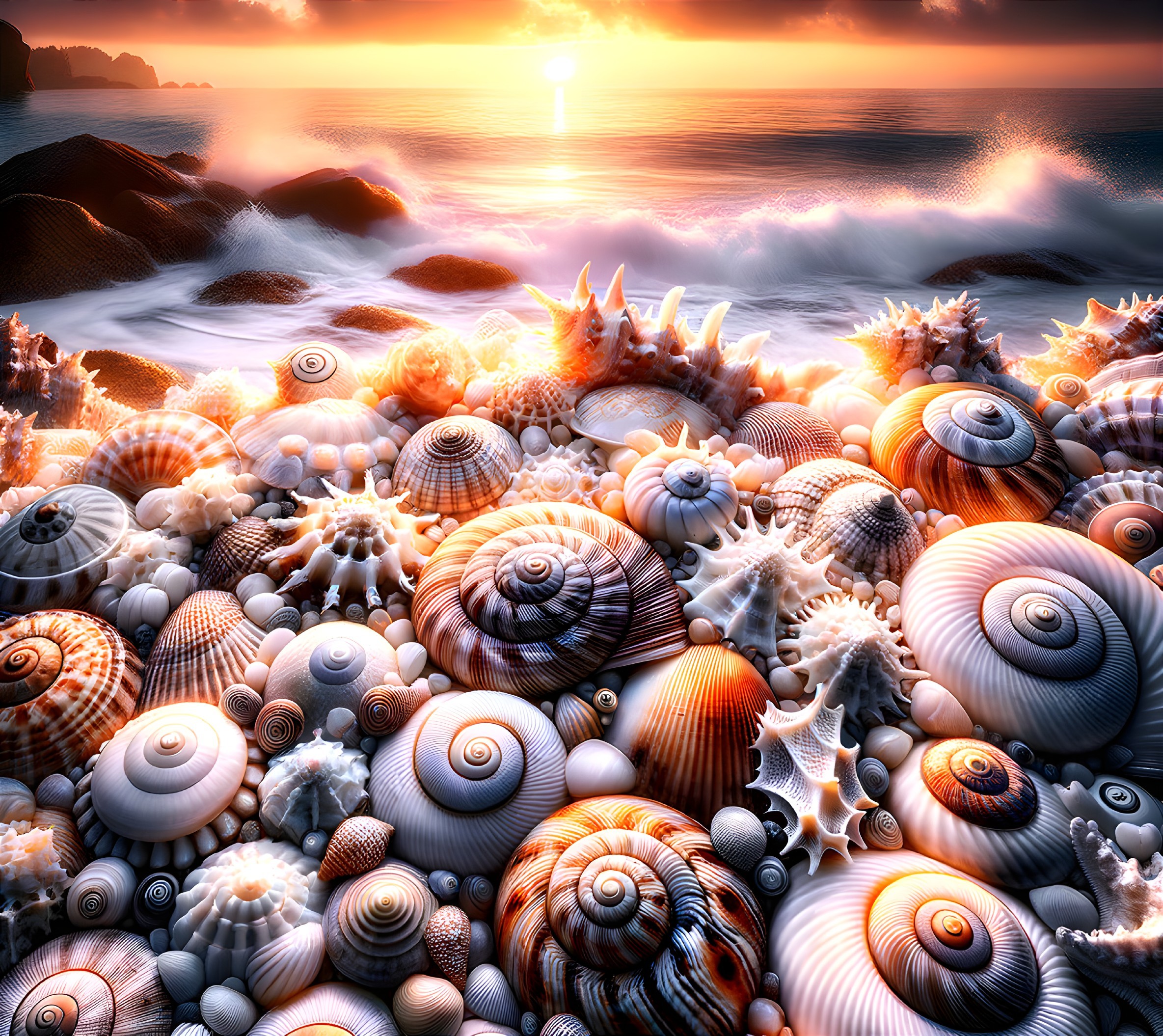 Beach Sunset with Colorful Seashells on Shore