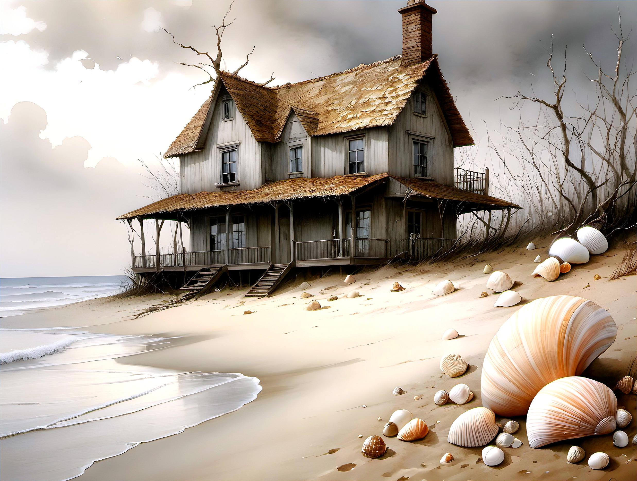 Abandoned House by Serene Beach with Seashells and Trees