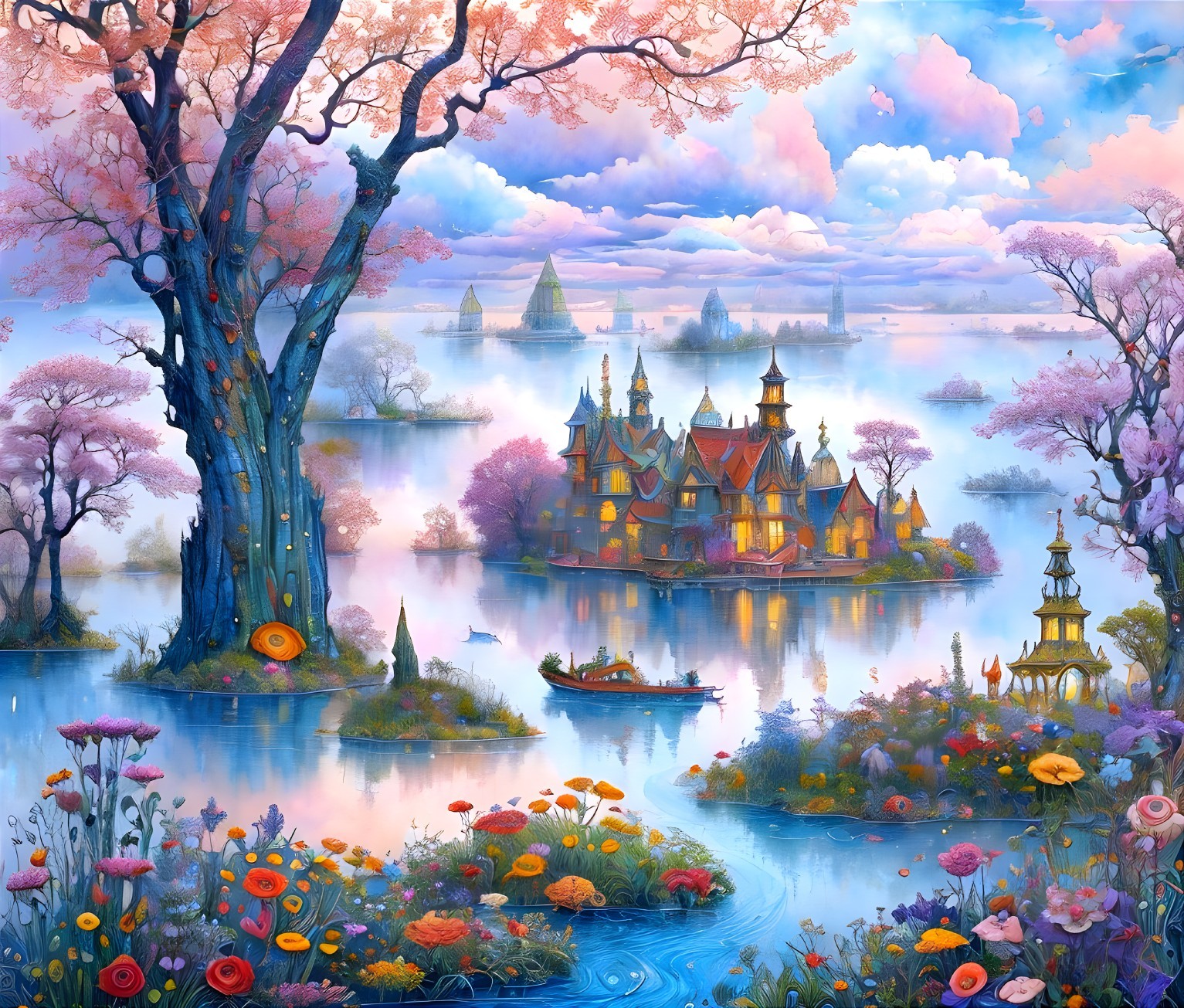 Colorful fantasy landscape: castle on island, pink trees, flowers, boat on river, pastel