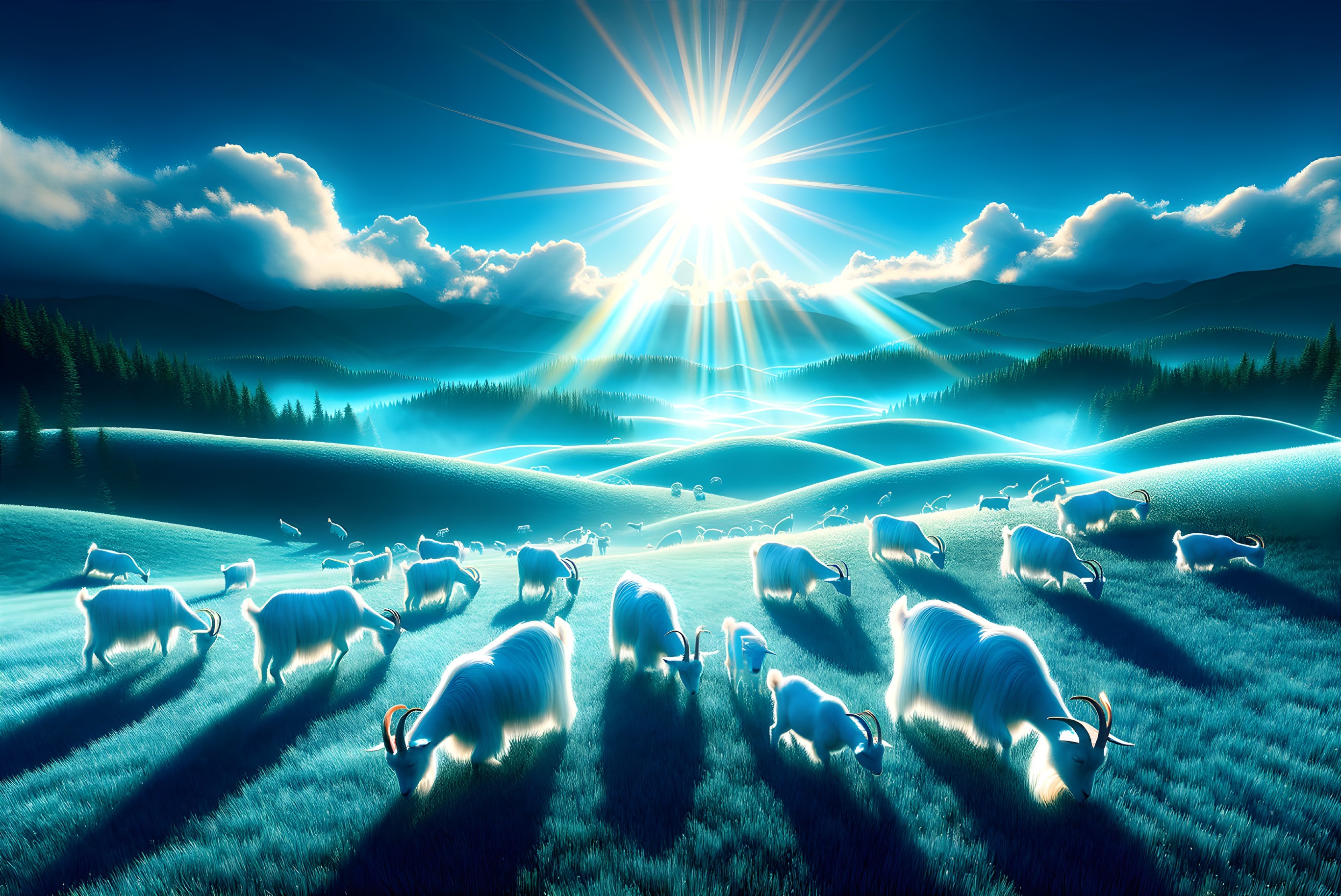 Serene Landscape with Grazing Cows in Blue Light