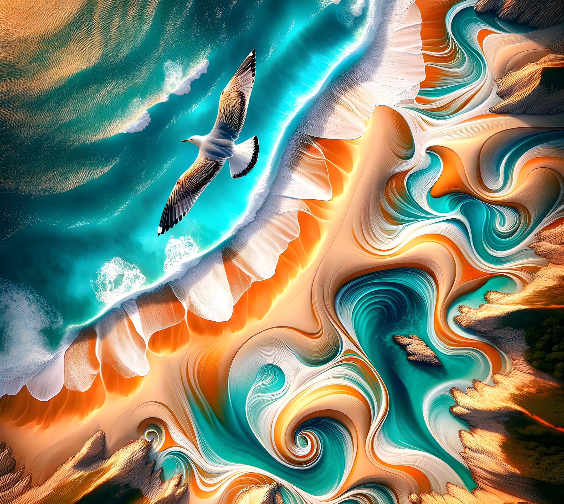 Surreal Beach Scene with Colorful Swirls and Bird