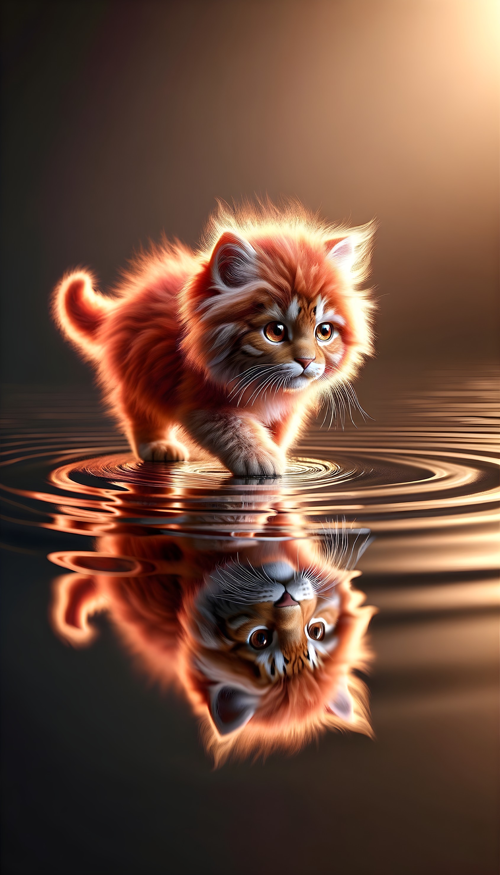 Ginger Kitten Walking on Reflective Water Surface