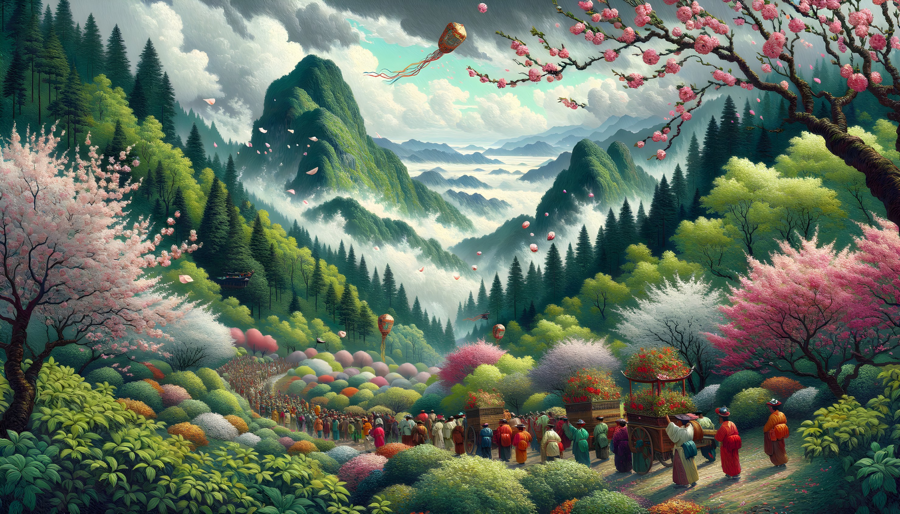 Enchanted Landscape with Cherry Blossoms and Kites