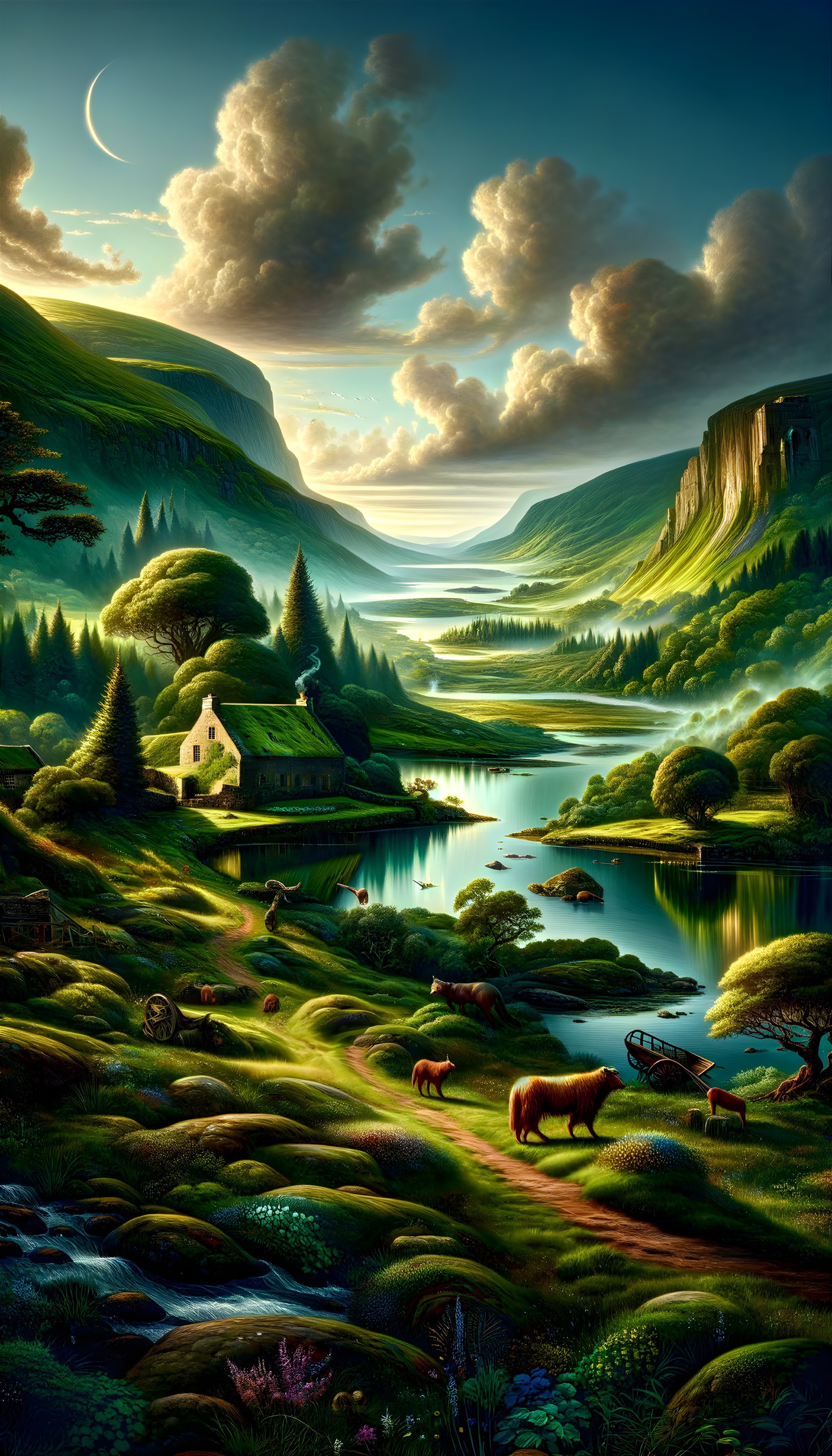 Tranquil River in Lush Green Valley Landscape