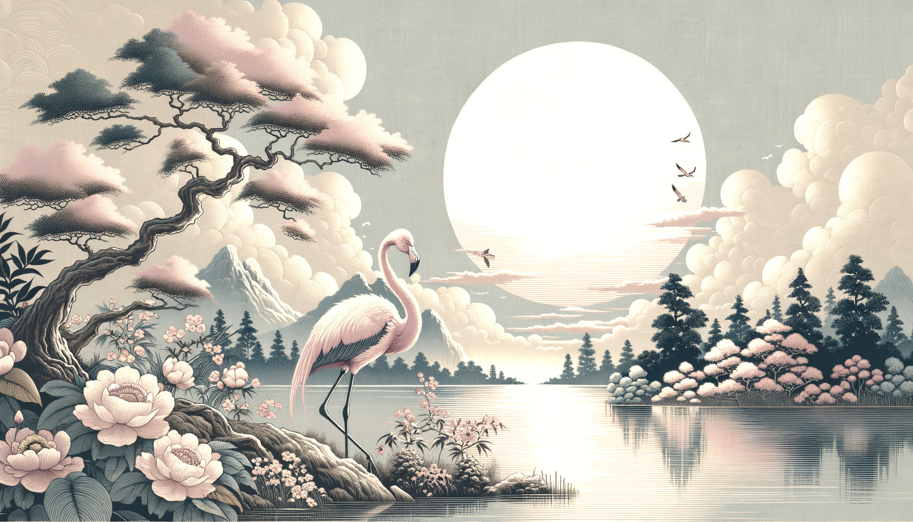 Flamingo by lakeside with blooming flowers and moon in sky