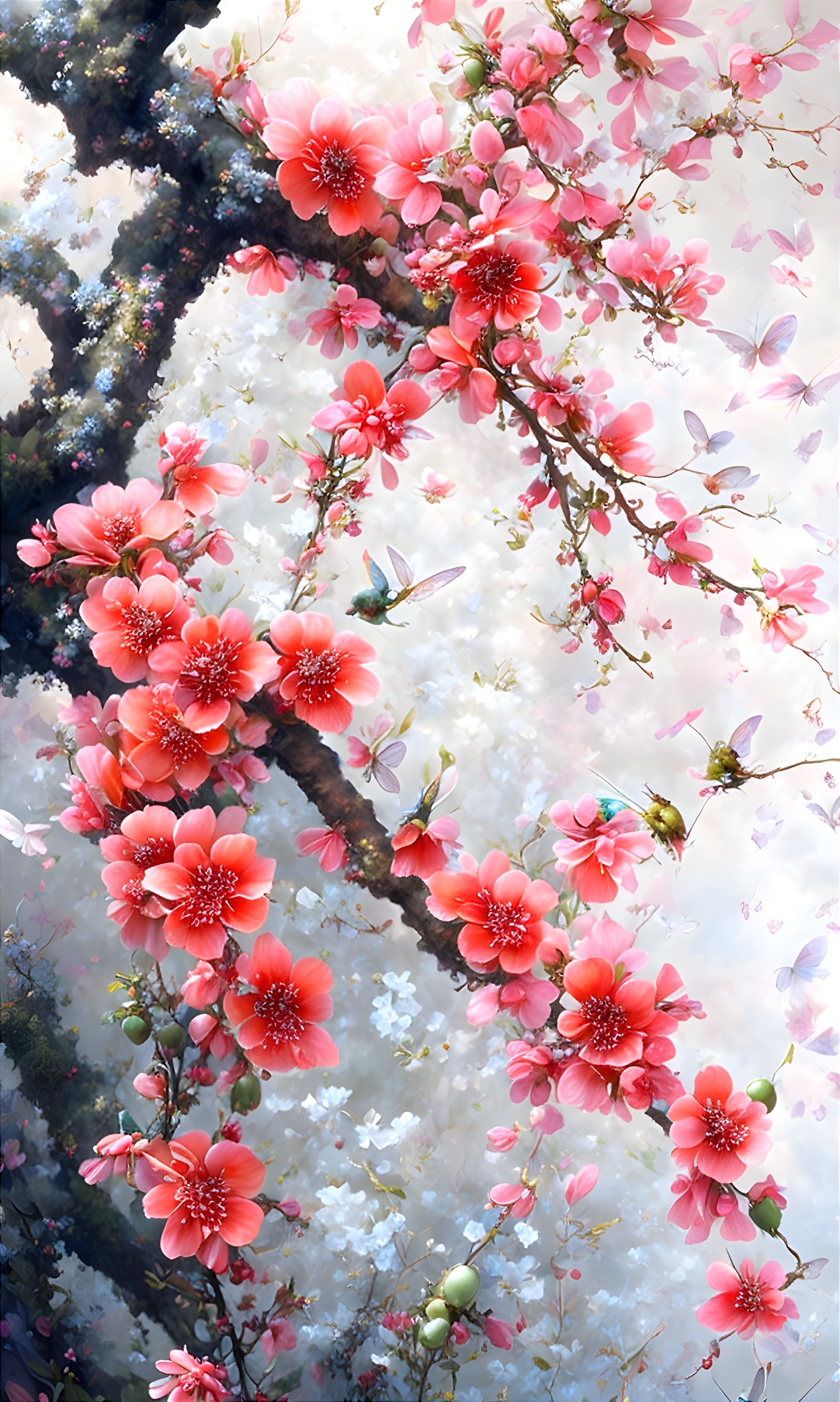 Vibrant pink blossoms with delicate petals and birds in a lush display