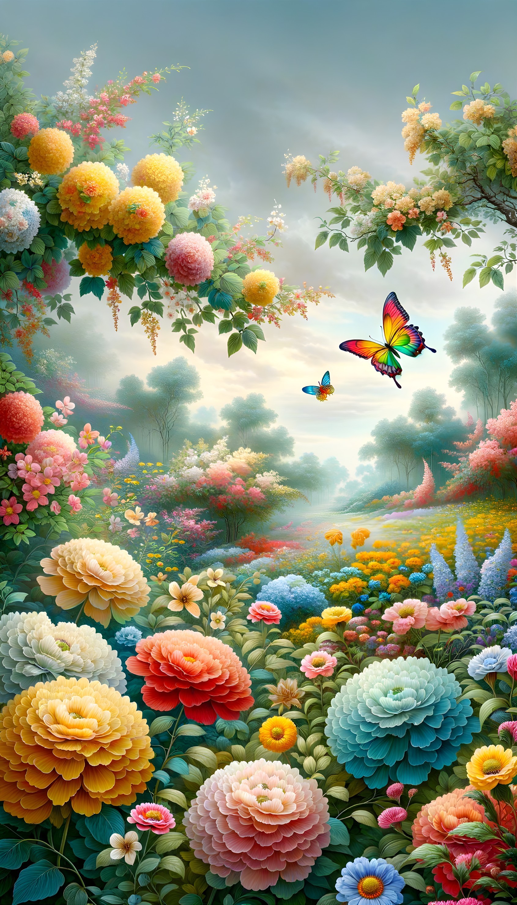 Vibrant Garden with Colorful Flowers and Butterflies