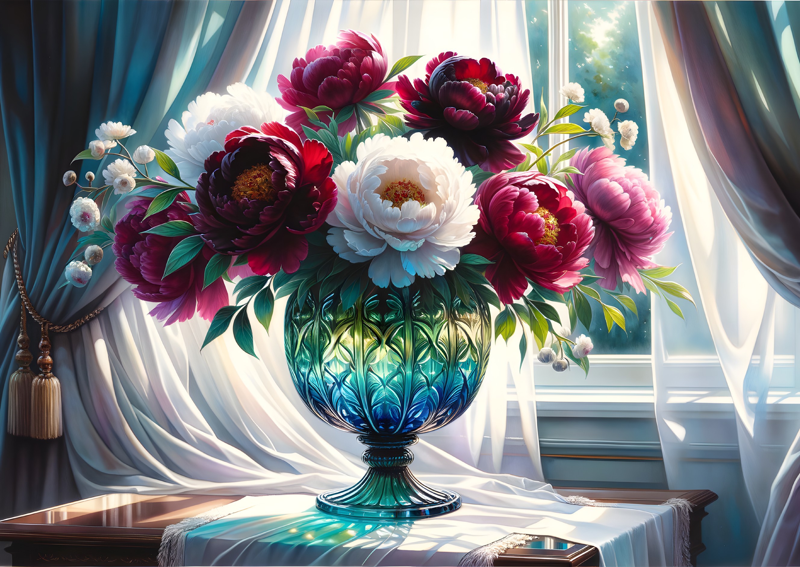 Colorful Peonies in an Iridescent Vase by a Window