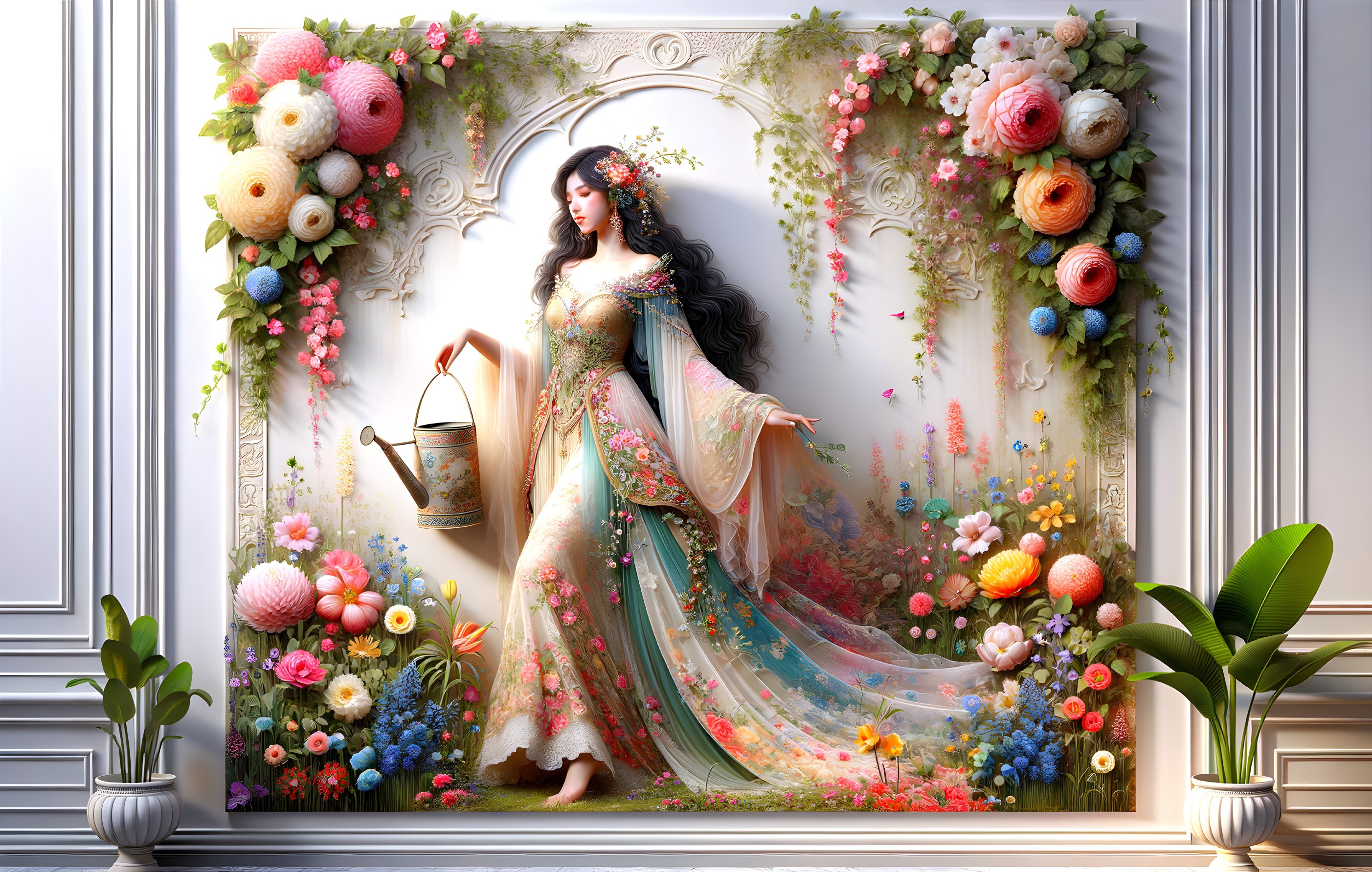 Graceful Woman in Floral Gown Surrounded by Blossoms