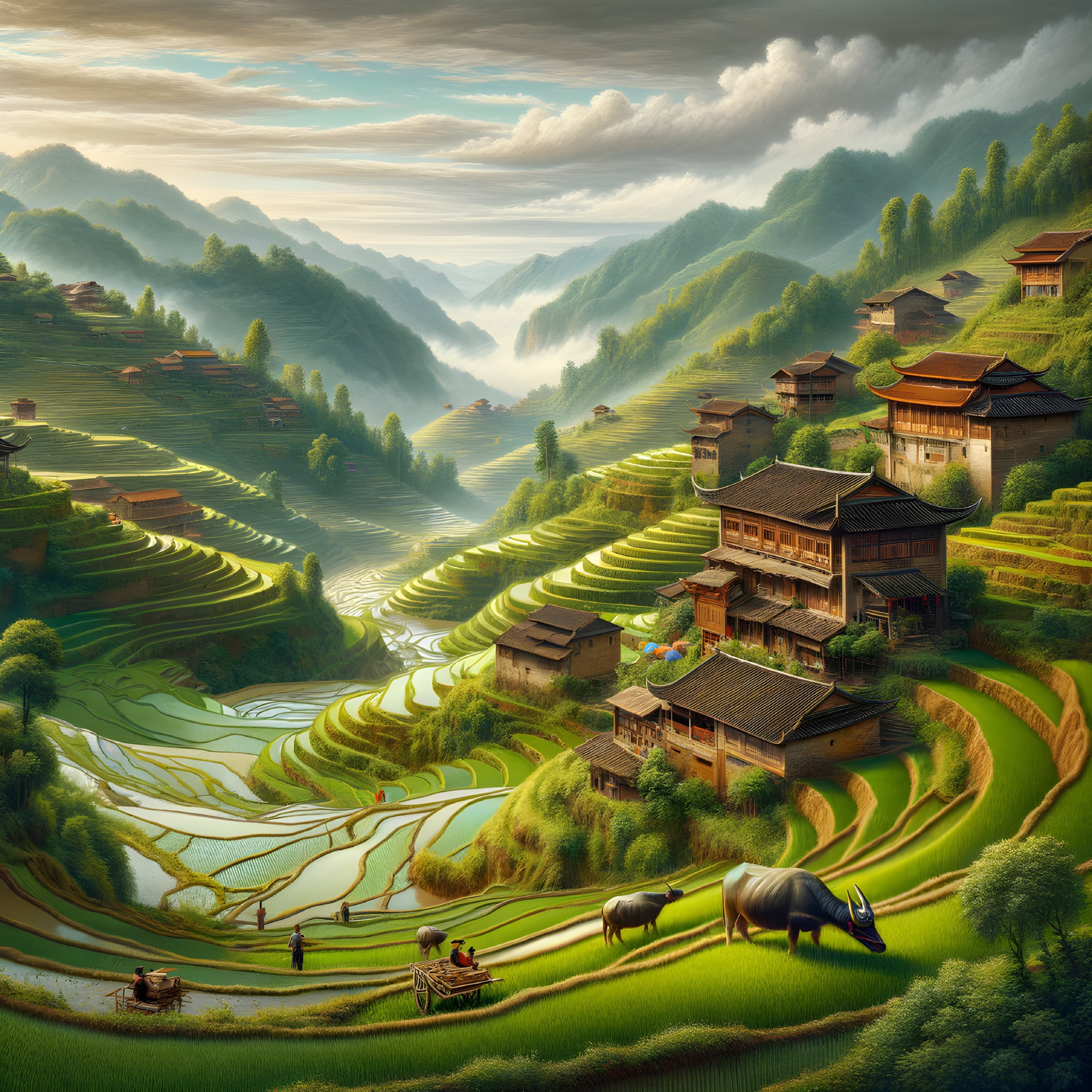 Serene Landscape of Terraced Rice Fields and Farmers