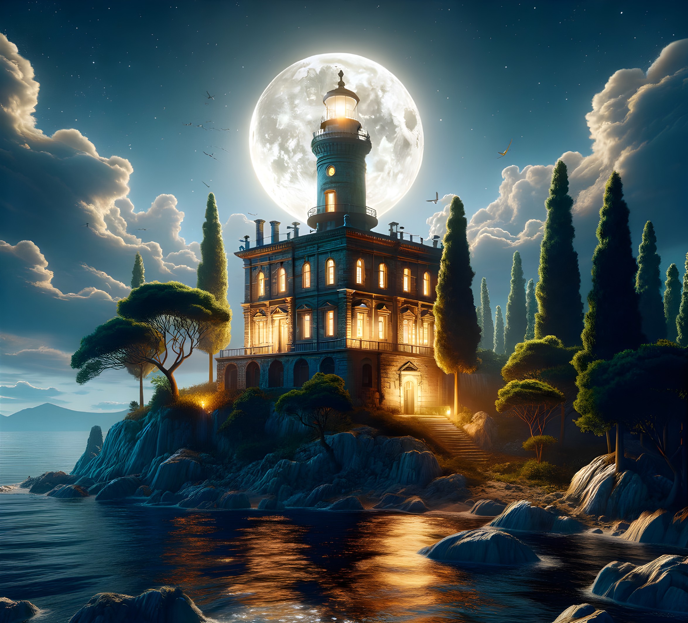Lighthouse on Rocky Shore with Moonlit Lake and Trees