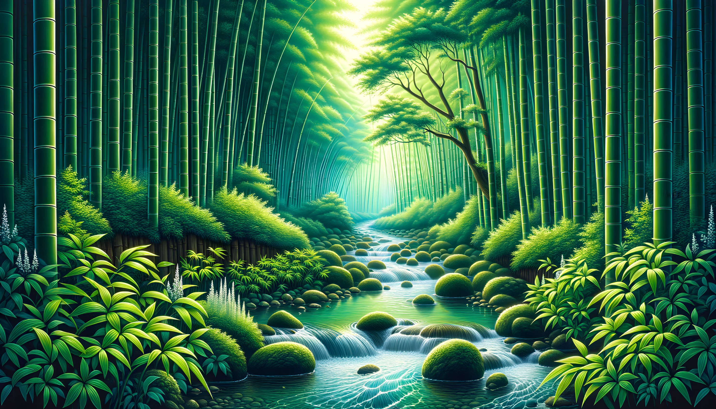 Serene Bamboo Forest with Gentle Stream and Lush Vegetation