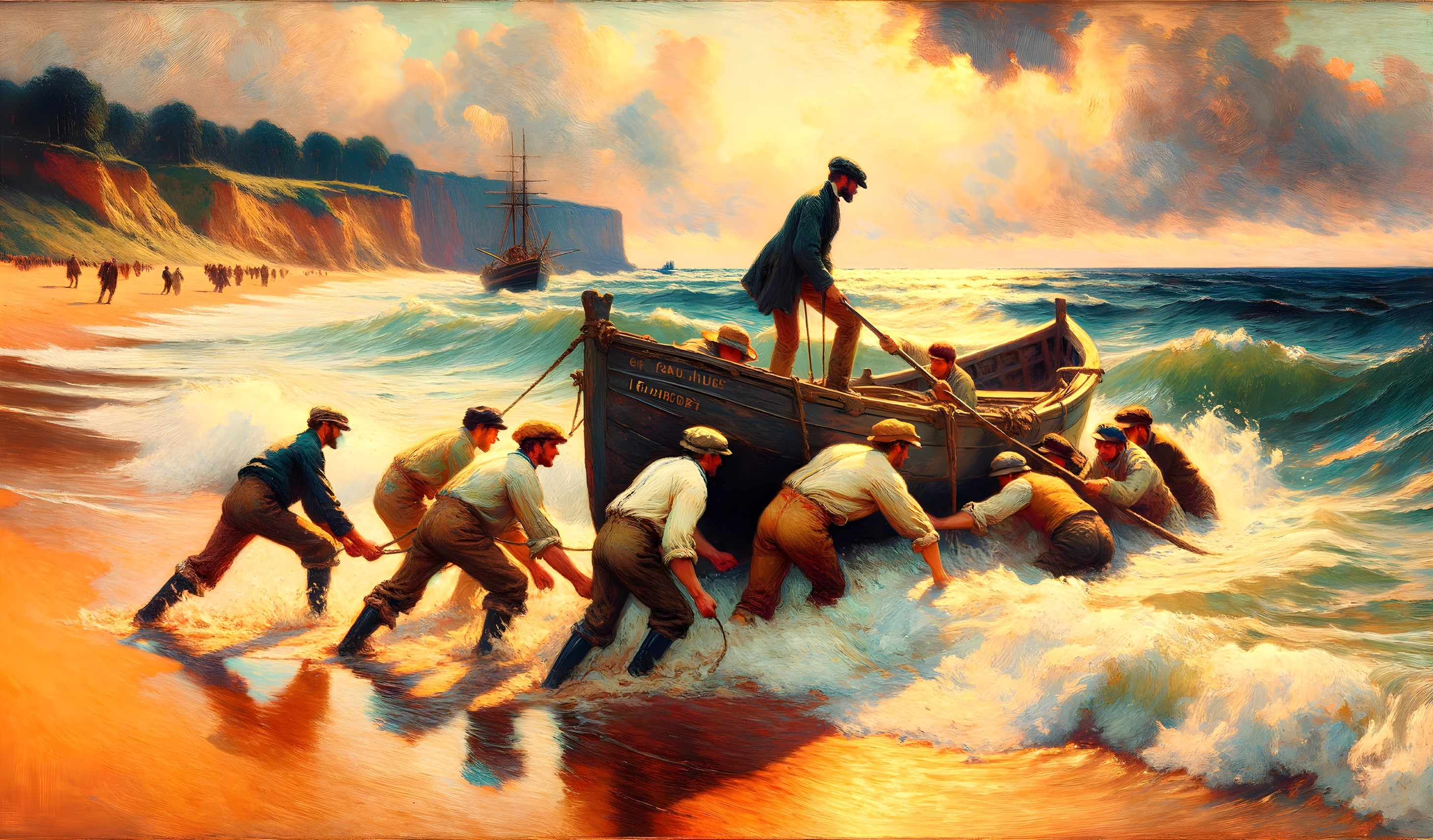 Men in vintage attire launching a rowboat into rough seas