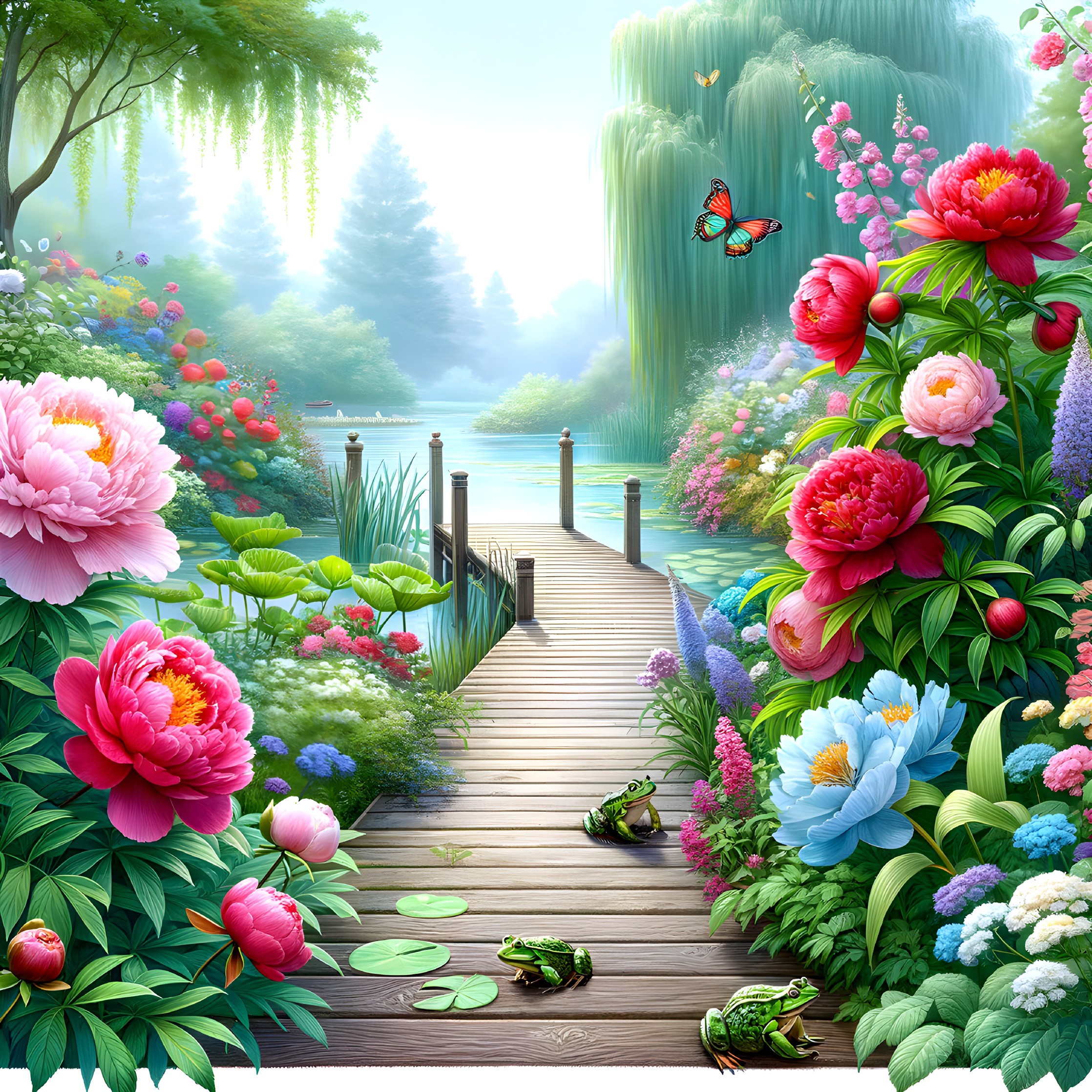 Serene garden scene with wooden pathway and water body