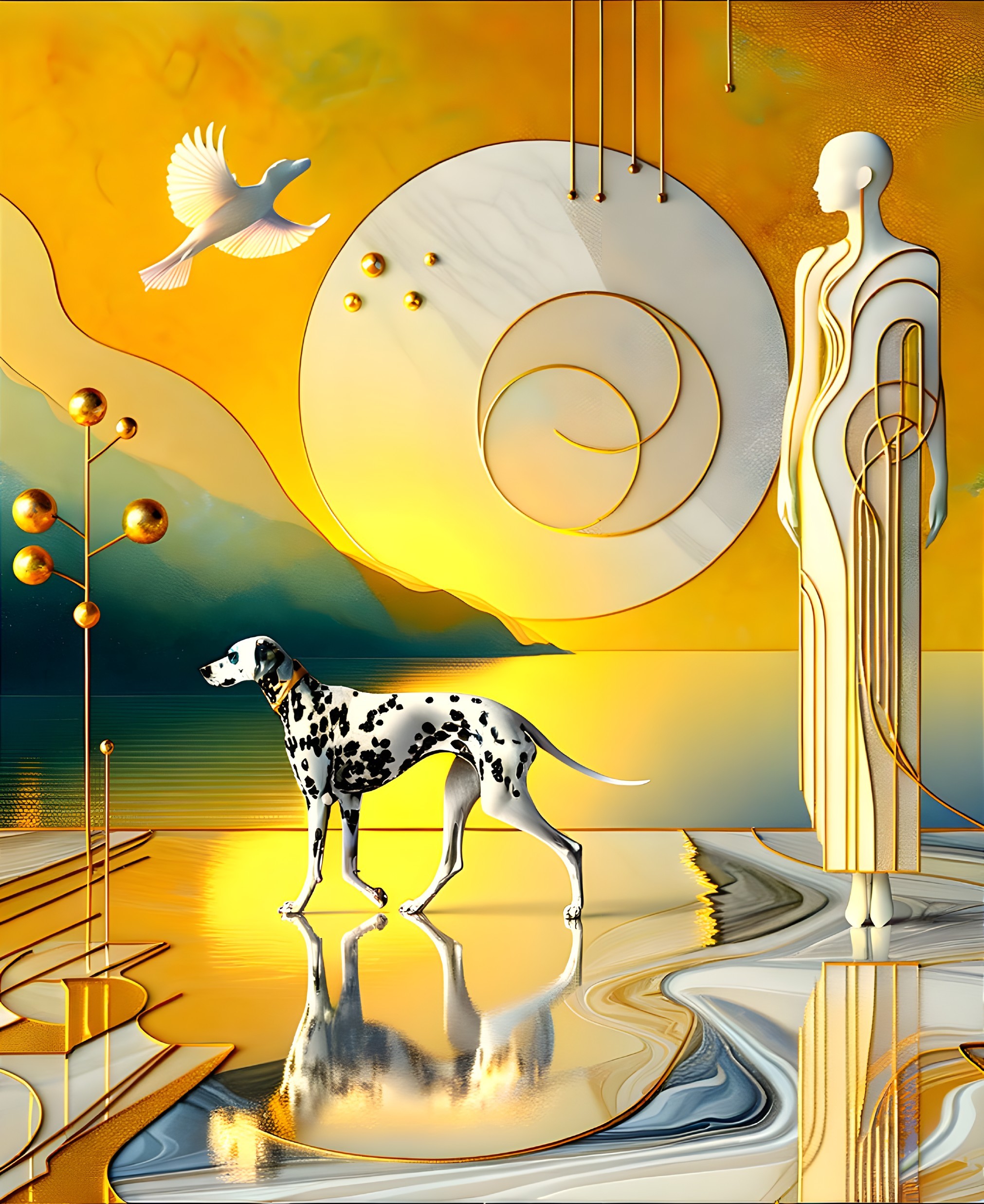 Abstract Scene with Figure and Dalmatian in Golden Landscape