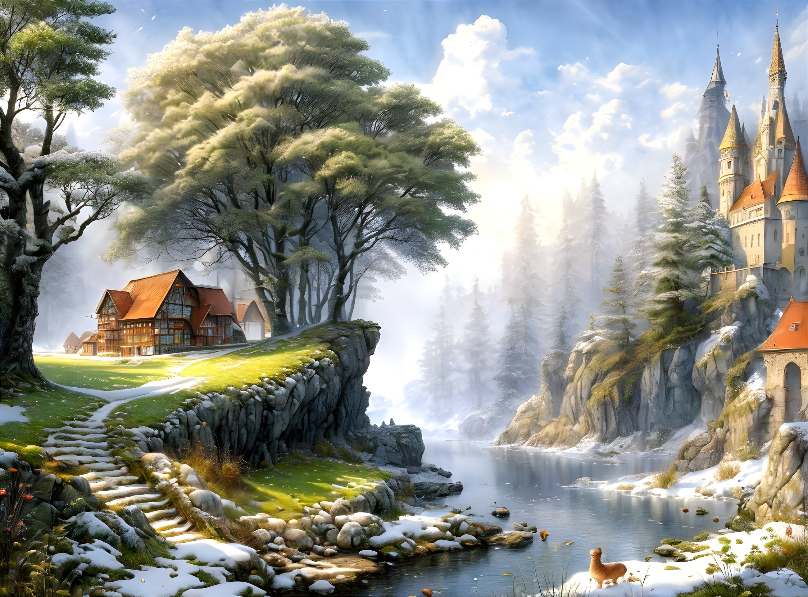 Serene Landscape with Castle, Cottage, and Forest