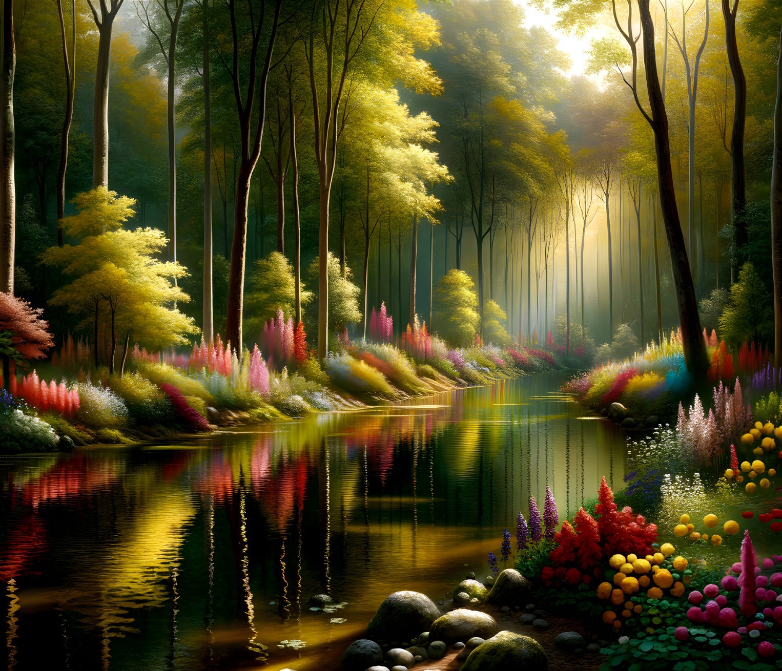 Serene Forest Scene with Golden Light and Tranquil River