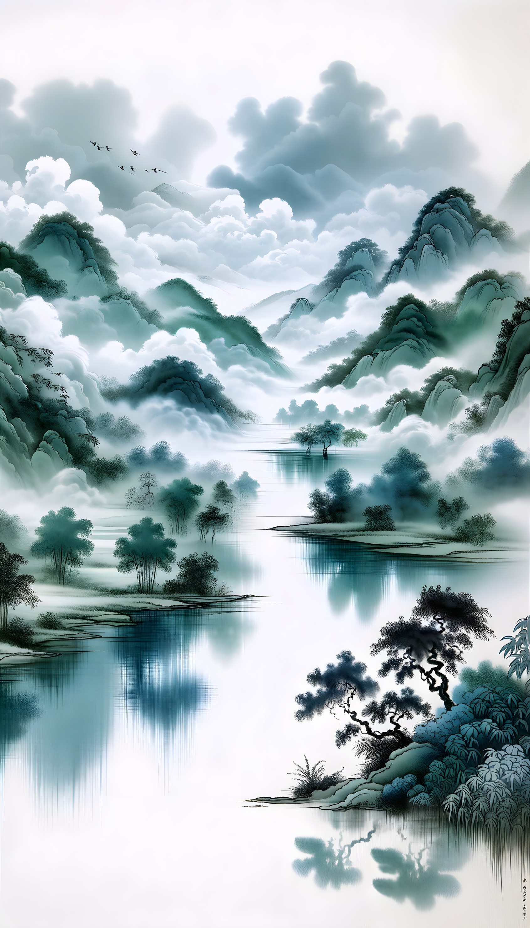 Misty Mountains and Tranquil Waters in Serene Landscape