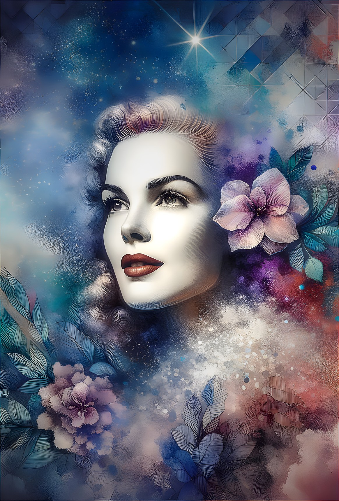 Vibrant cosmic and floral digital artwork of a woman's face
