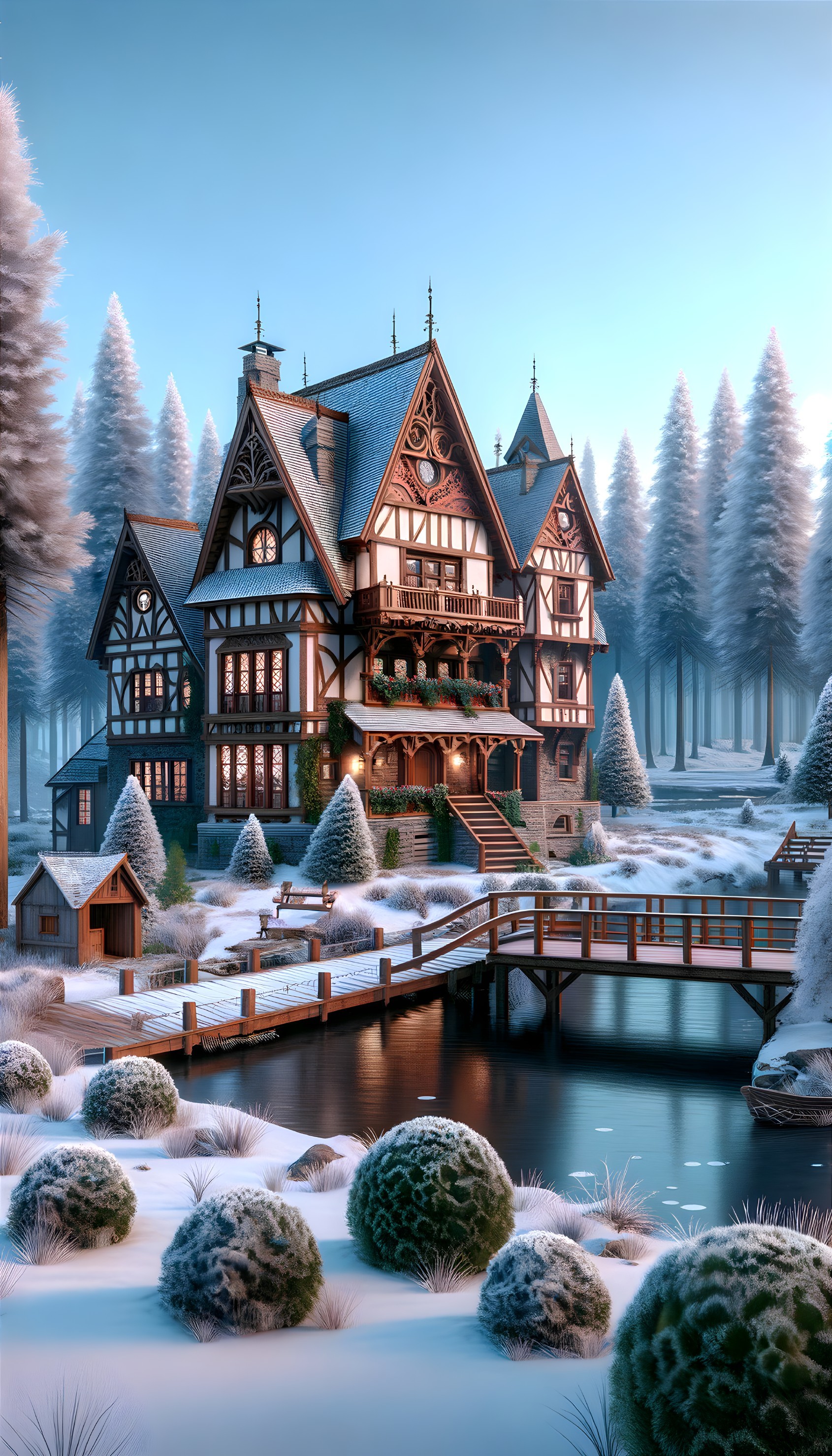 Winter Mansion Amid Snowy Pines and Scenic Lake