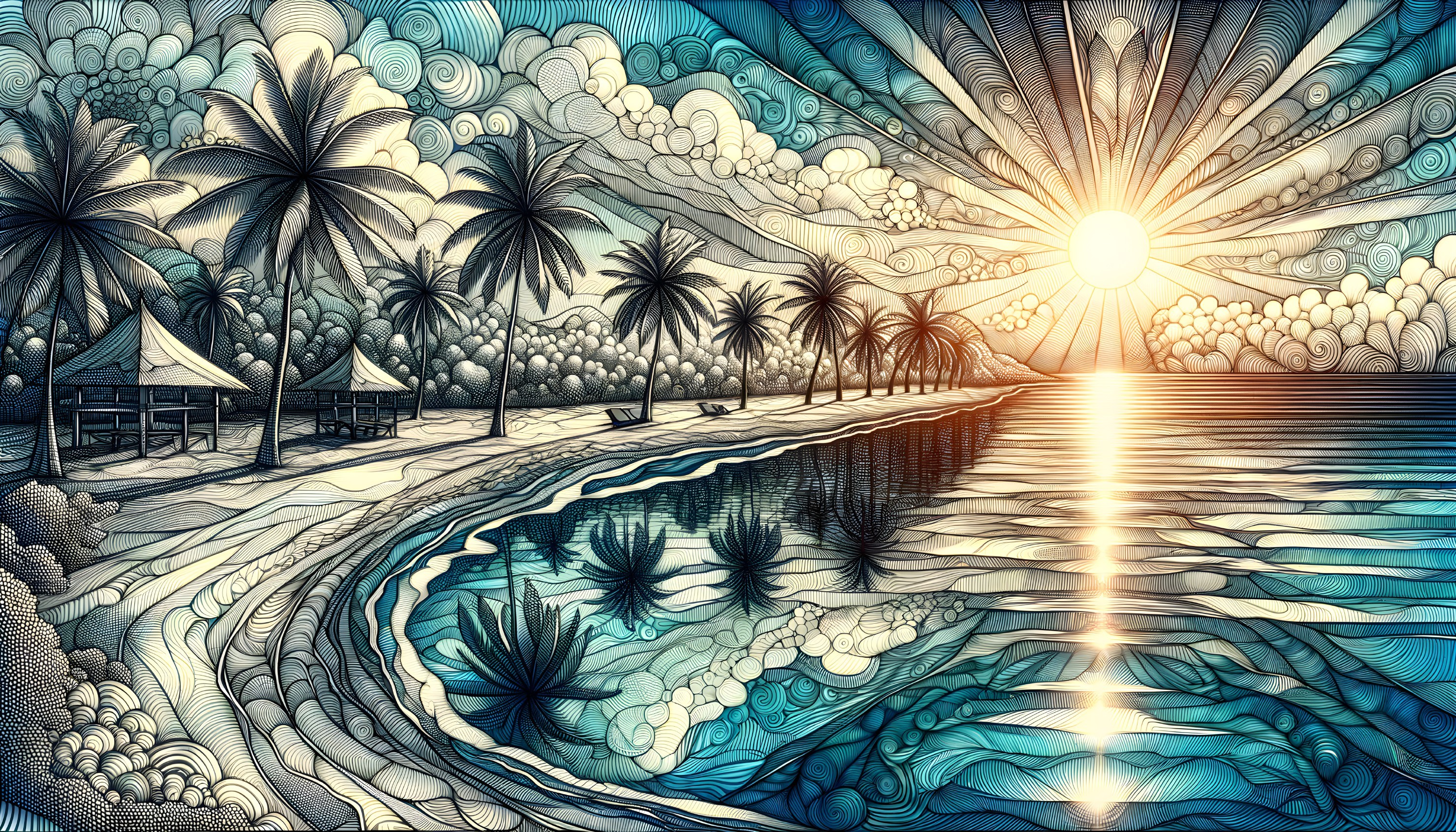 Serene Beach Scene with Palm Trees and Sunset Sky