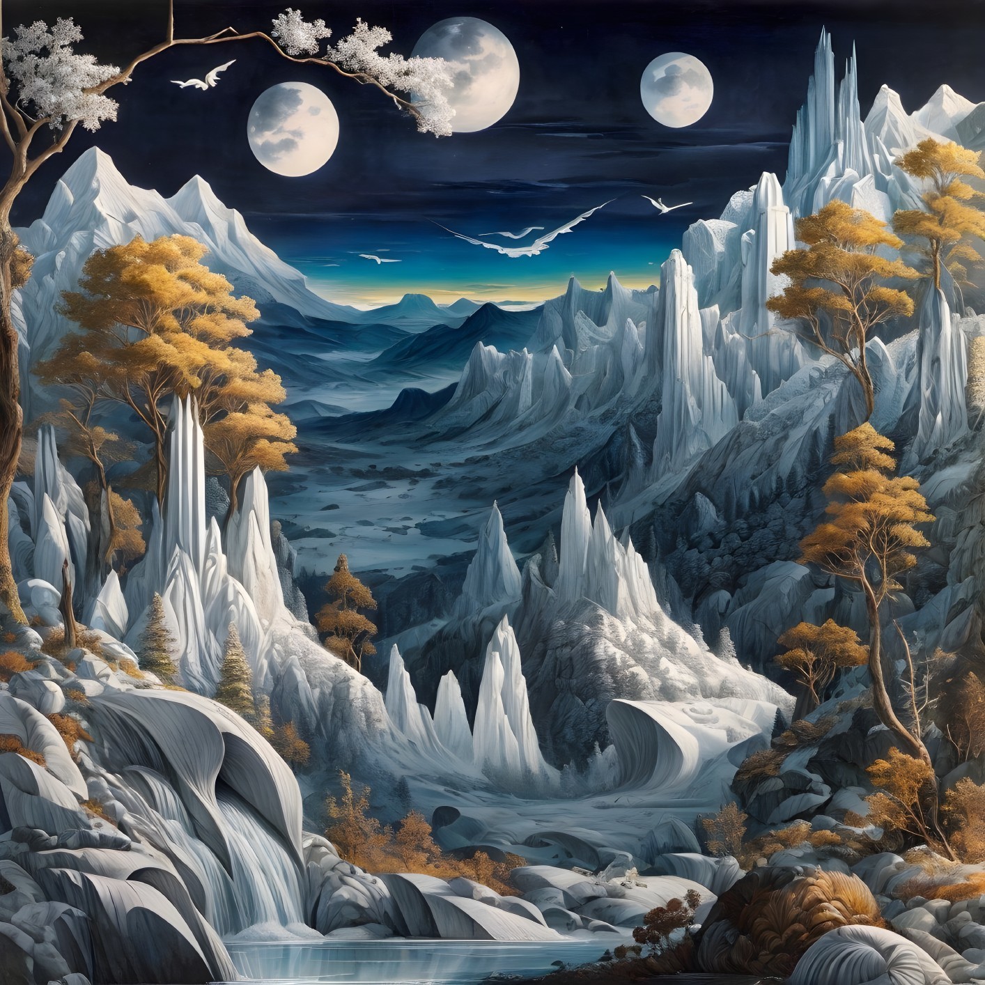 Surreal landscape with multiple moons, mountains, waterfall, autumn trees, and night sky.