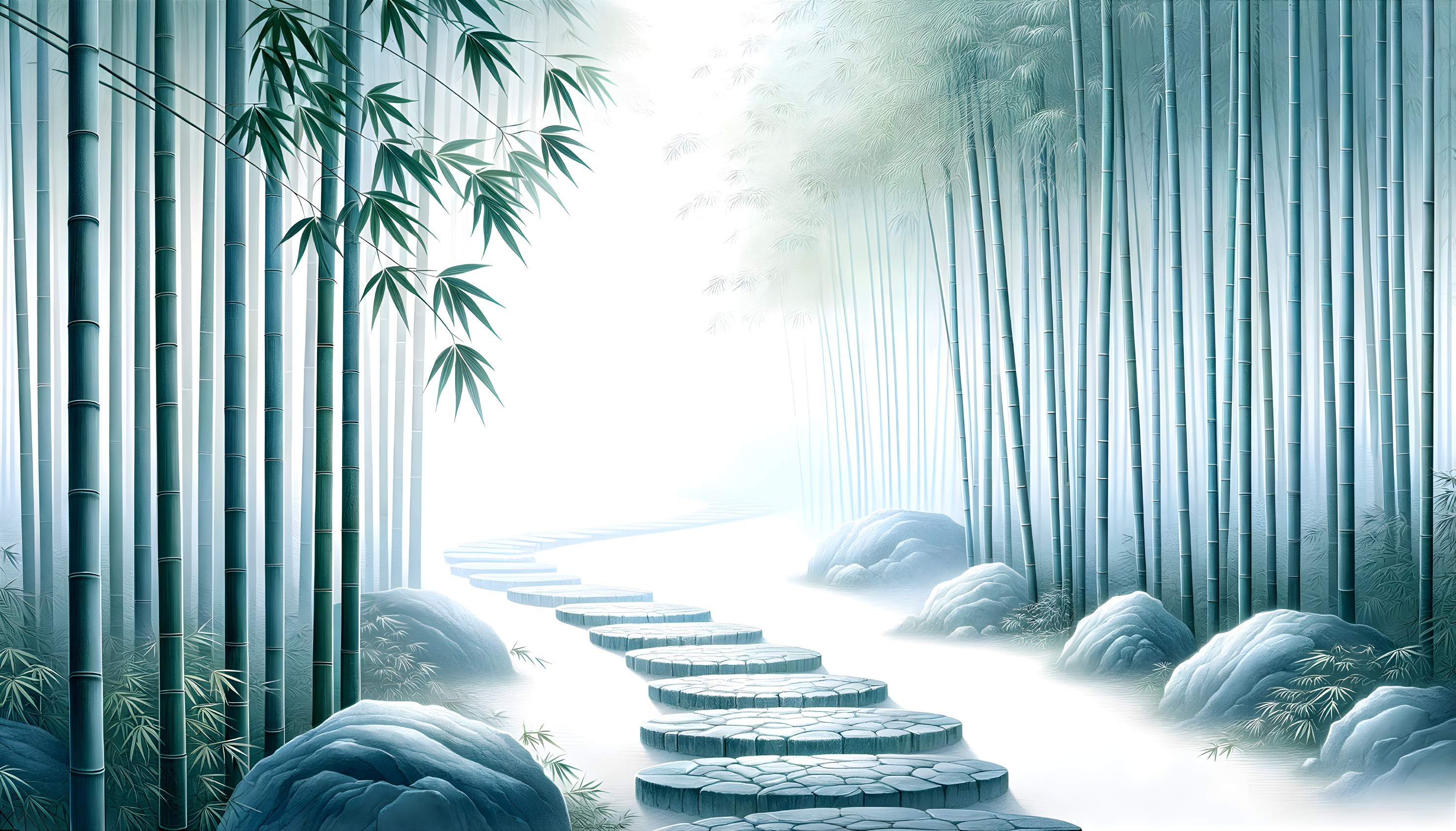 Serene Bamboo Forest with Mist and Pebbled Pathway