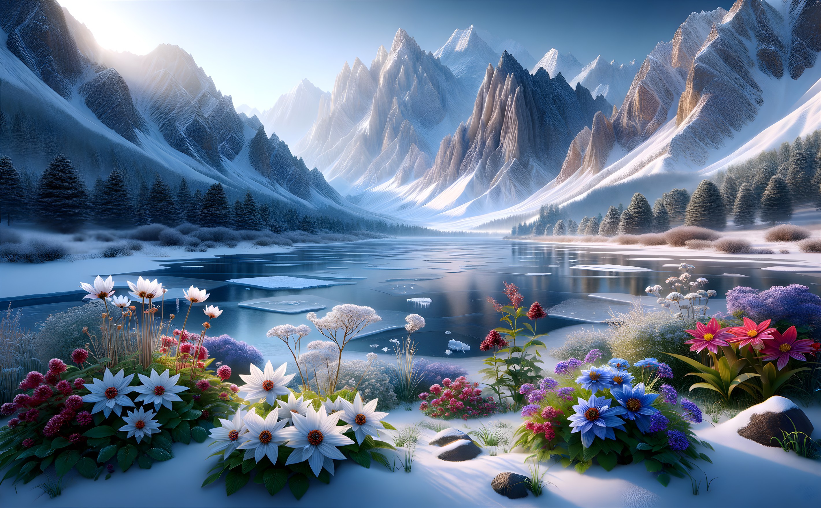 Tranquil Lake Surrounded by Snow-Capped Mountains