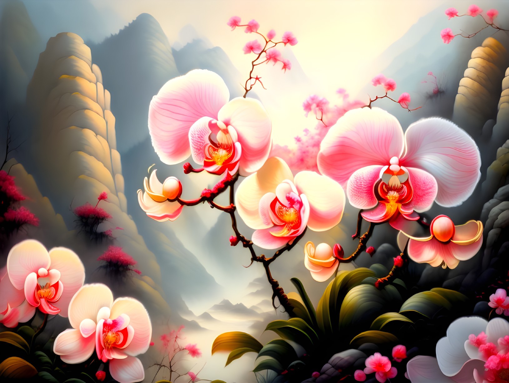 Vibrant Pink Orchids Blooming in Mountain Landscape