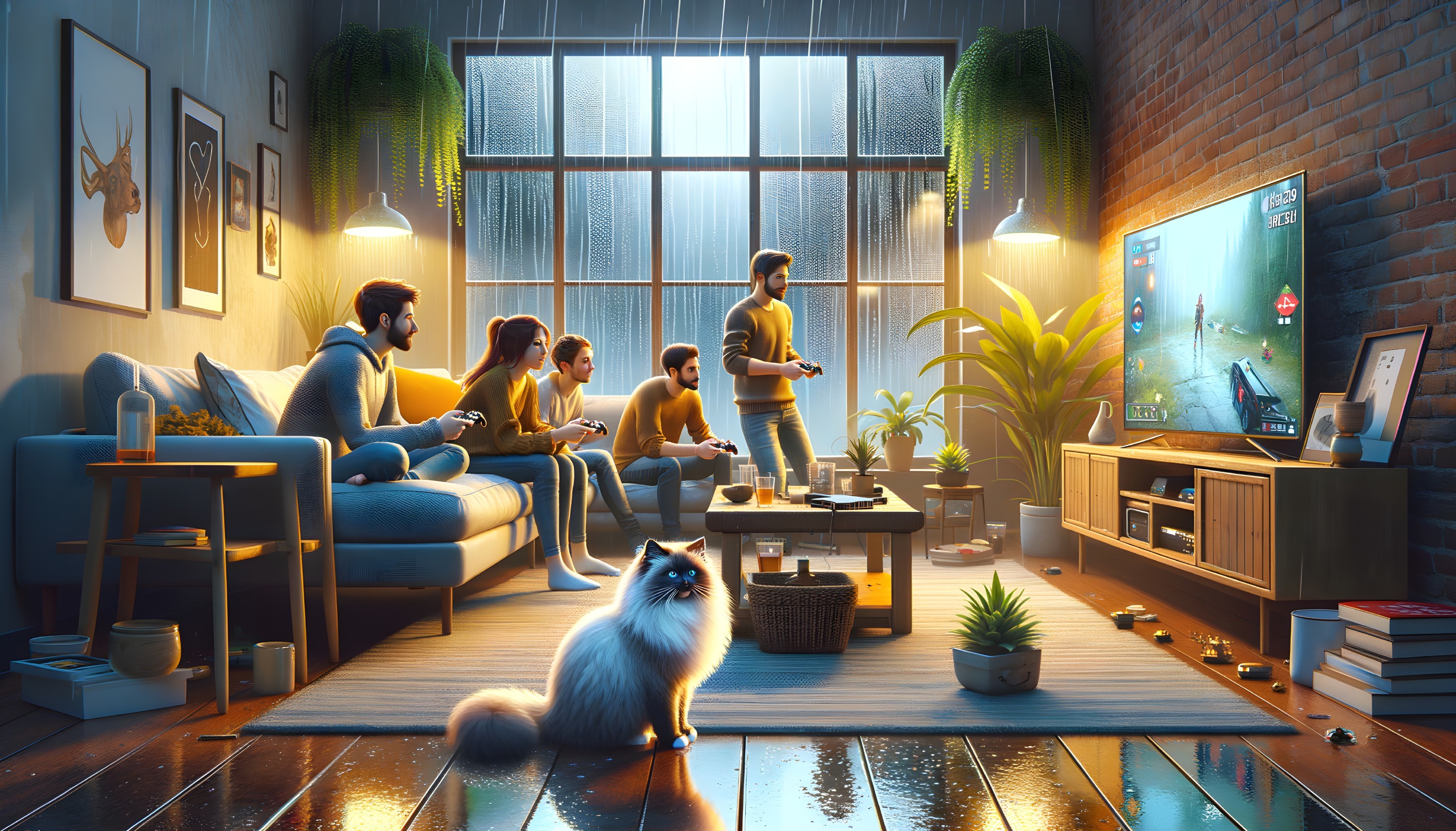 Cozy Living Room with Friends Playing Video Games