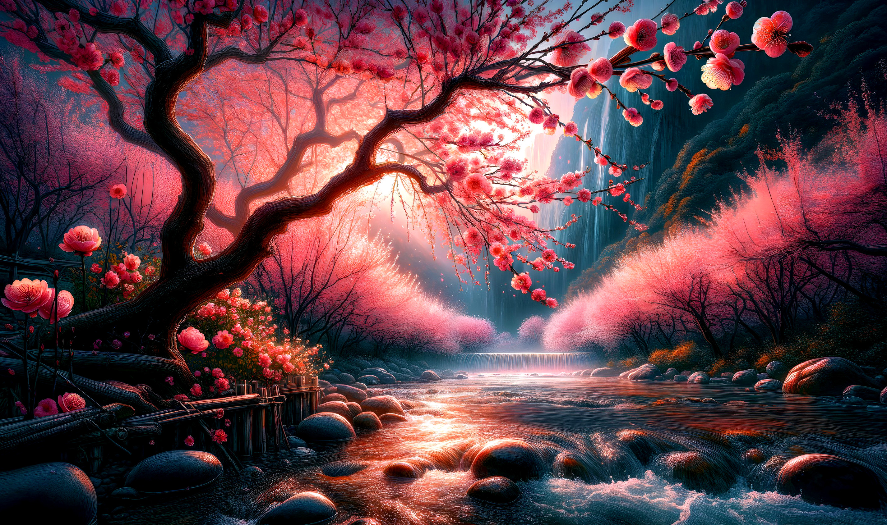 Tranquil River in Vibrant Forest with Cherry Blossoms