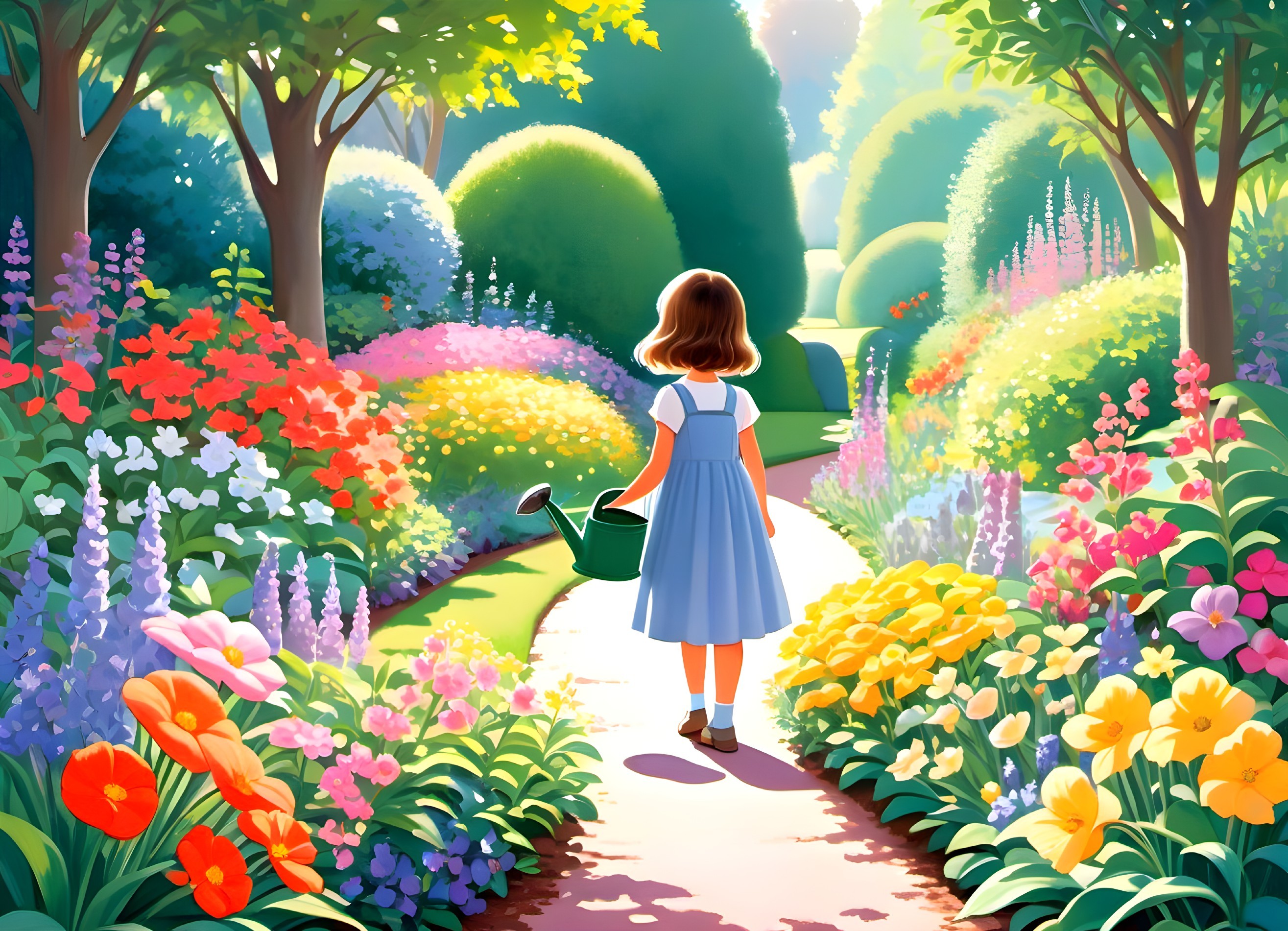 Young girl in blue dress at colorful garden path