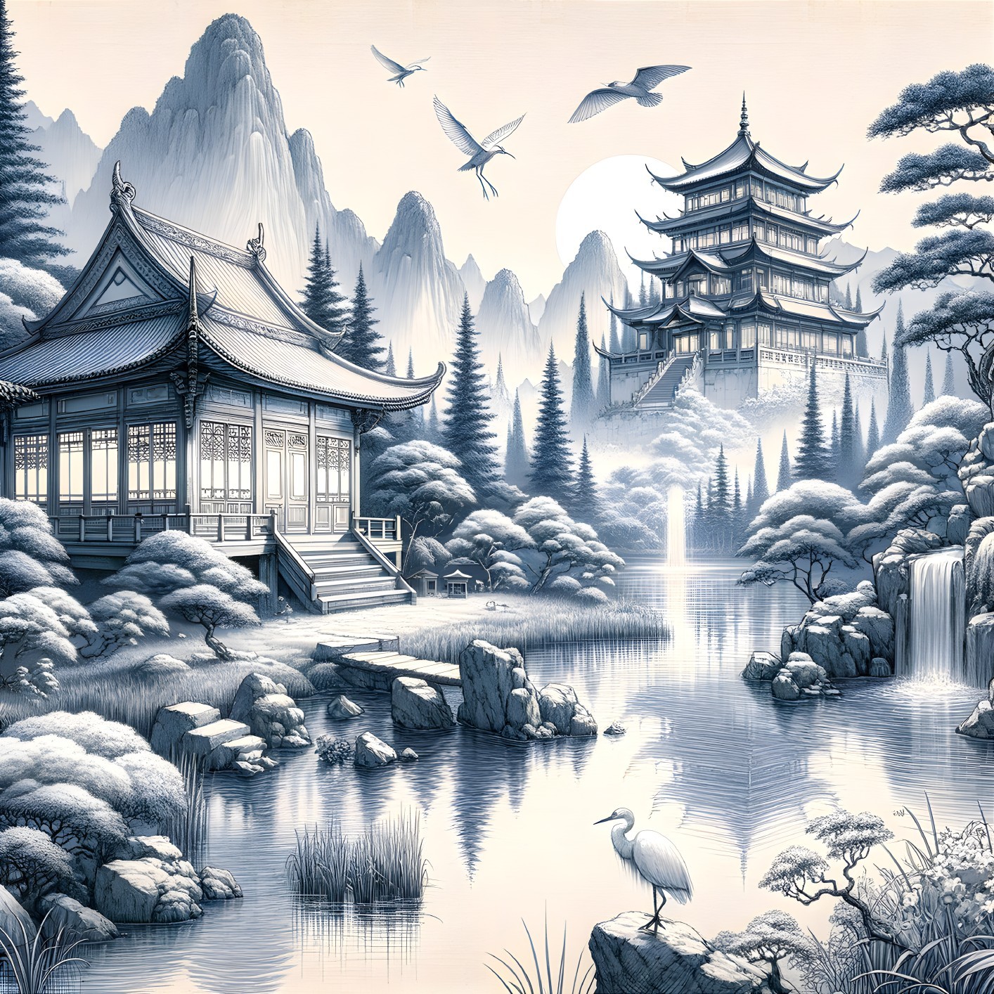 Traditional Asian Pagoda in Serene Mountain Landscape